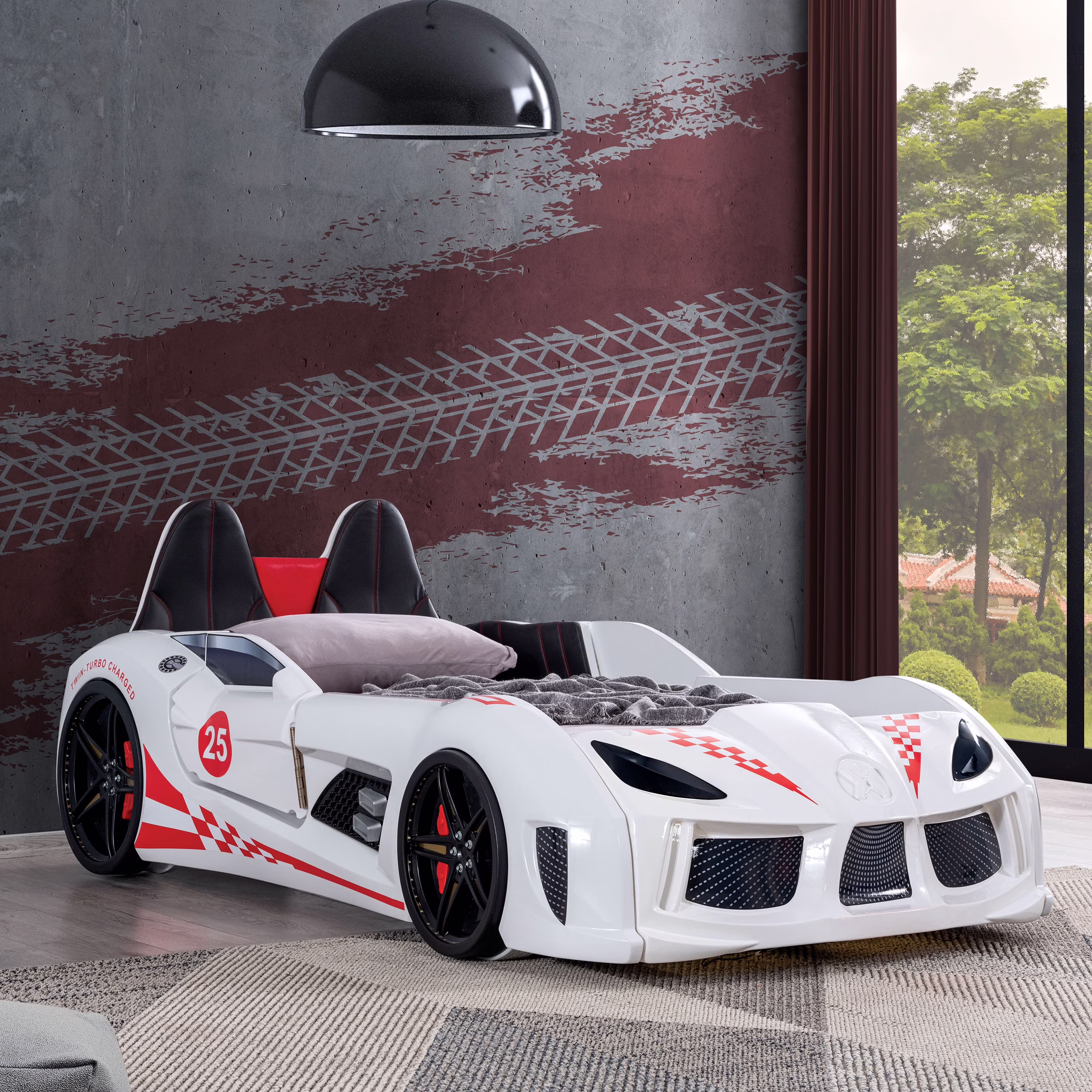 Dash Kids Plastic Twin Race Car Bed with LED and Sound, White(White)