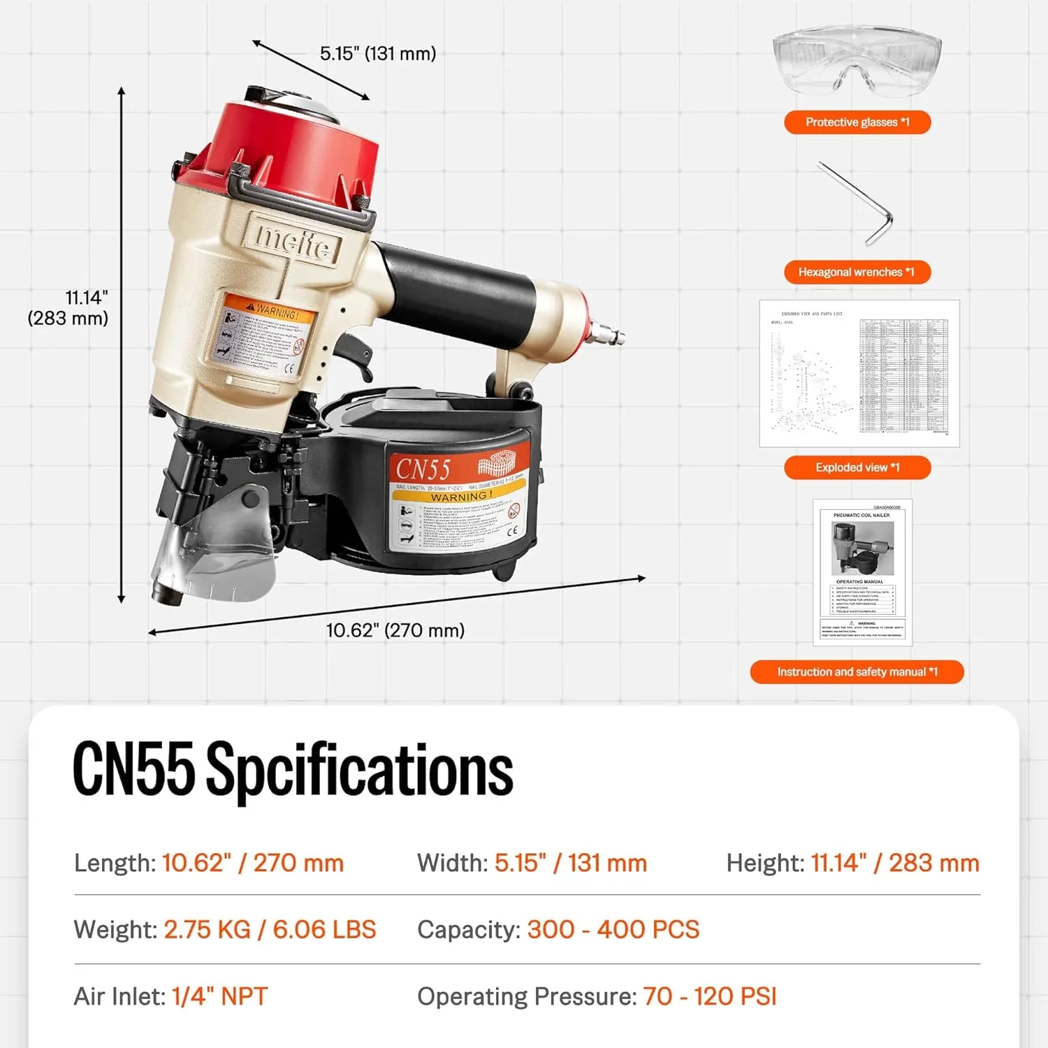 MEITE CN55 Pneumatic Coil Siding Nailer 15 Degree 1 to 2-1/4 Length Coil Nail Gun
