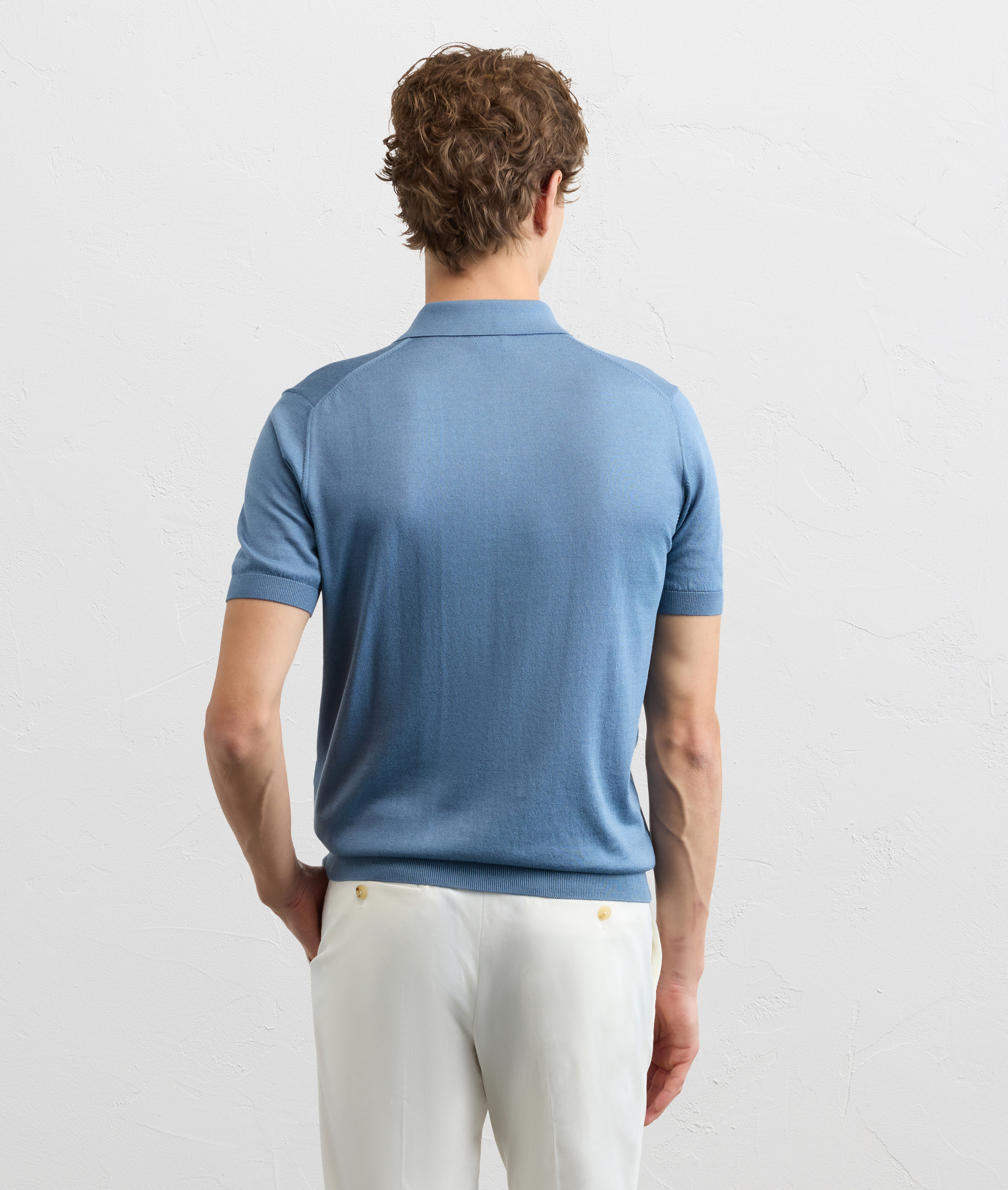 LIGHT BLUE SILK AND COTTON SHORT SLEEVED POLO SHIRT