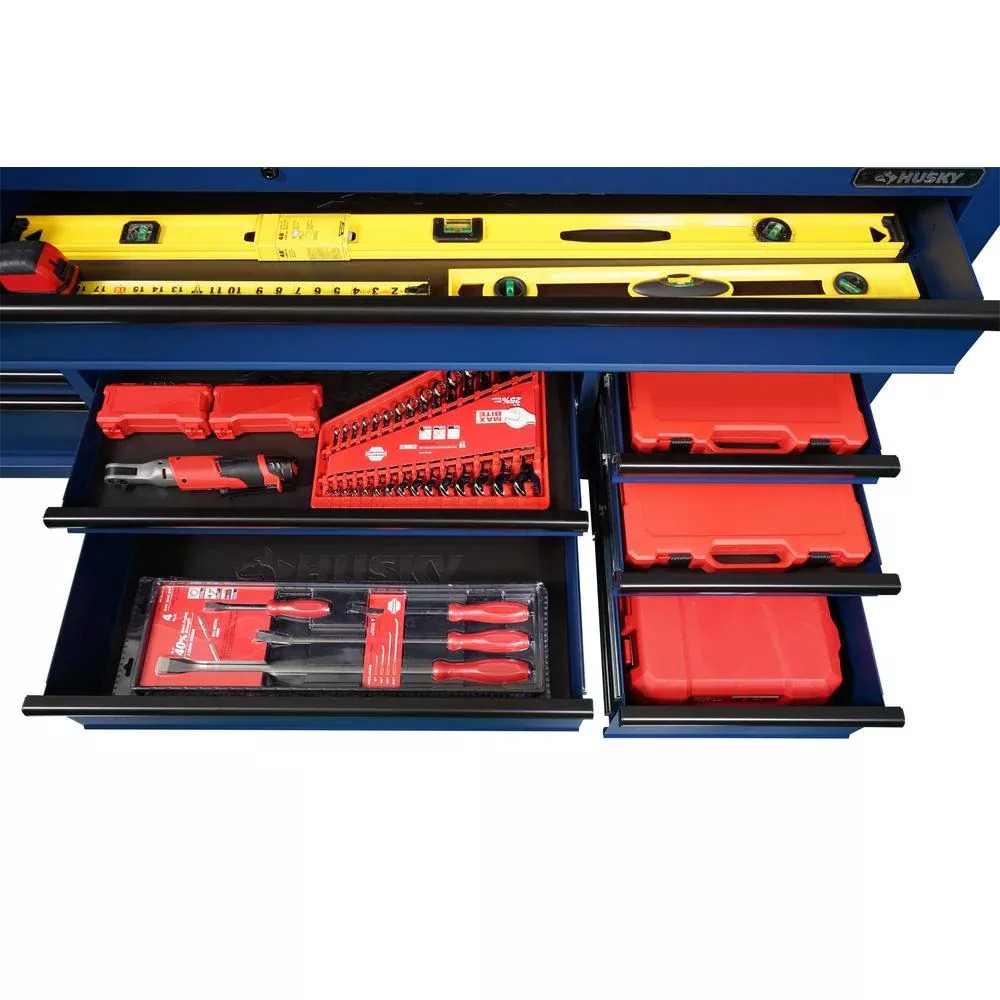 Établi mobile de 183 cm (72 po) à 18 tiroirs avec plateau en bois massif à hauteur réglable, couleur bleu mat