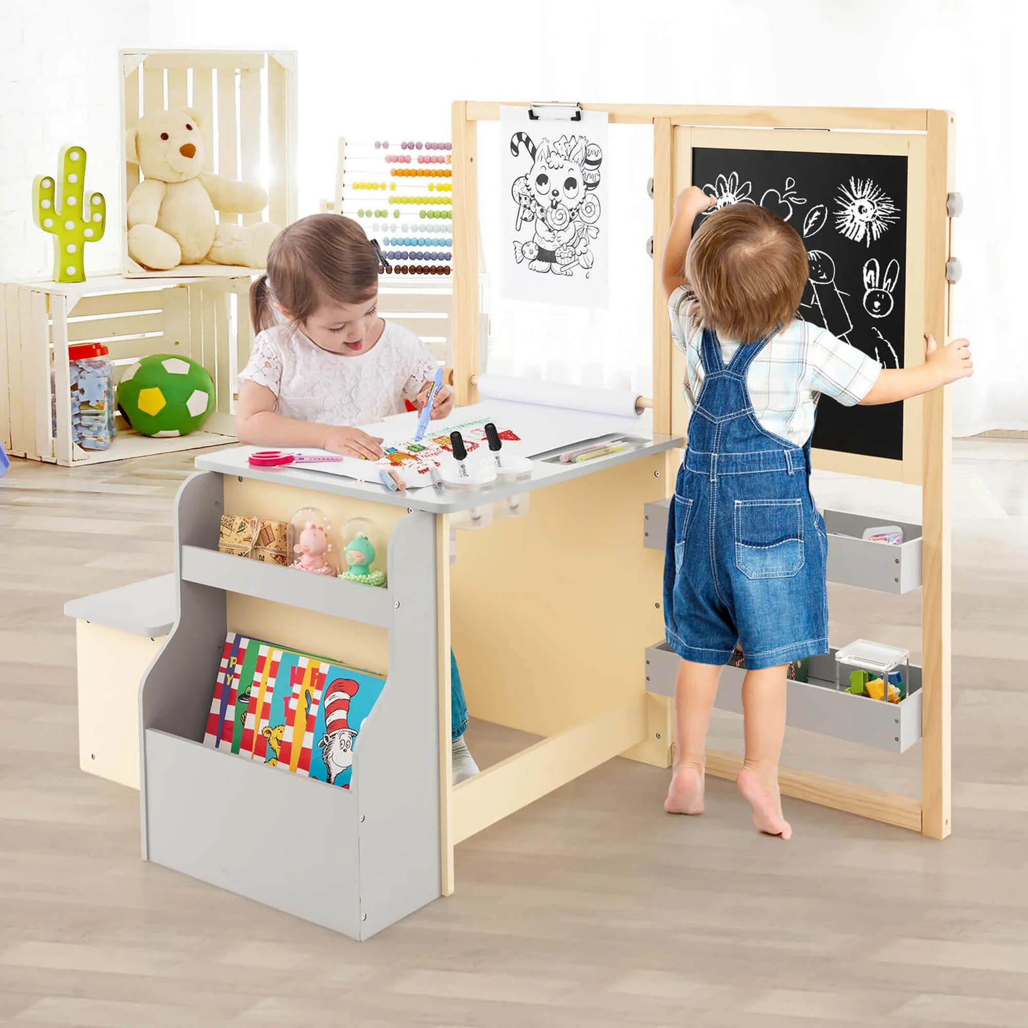 Costway Adjustable Wooden Double - Sided Art Easel with Bench Storage Table