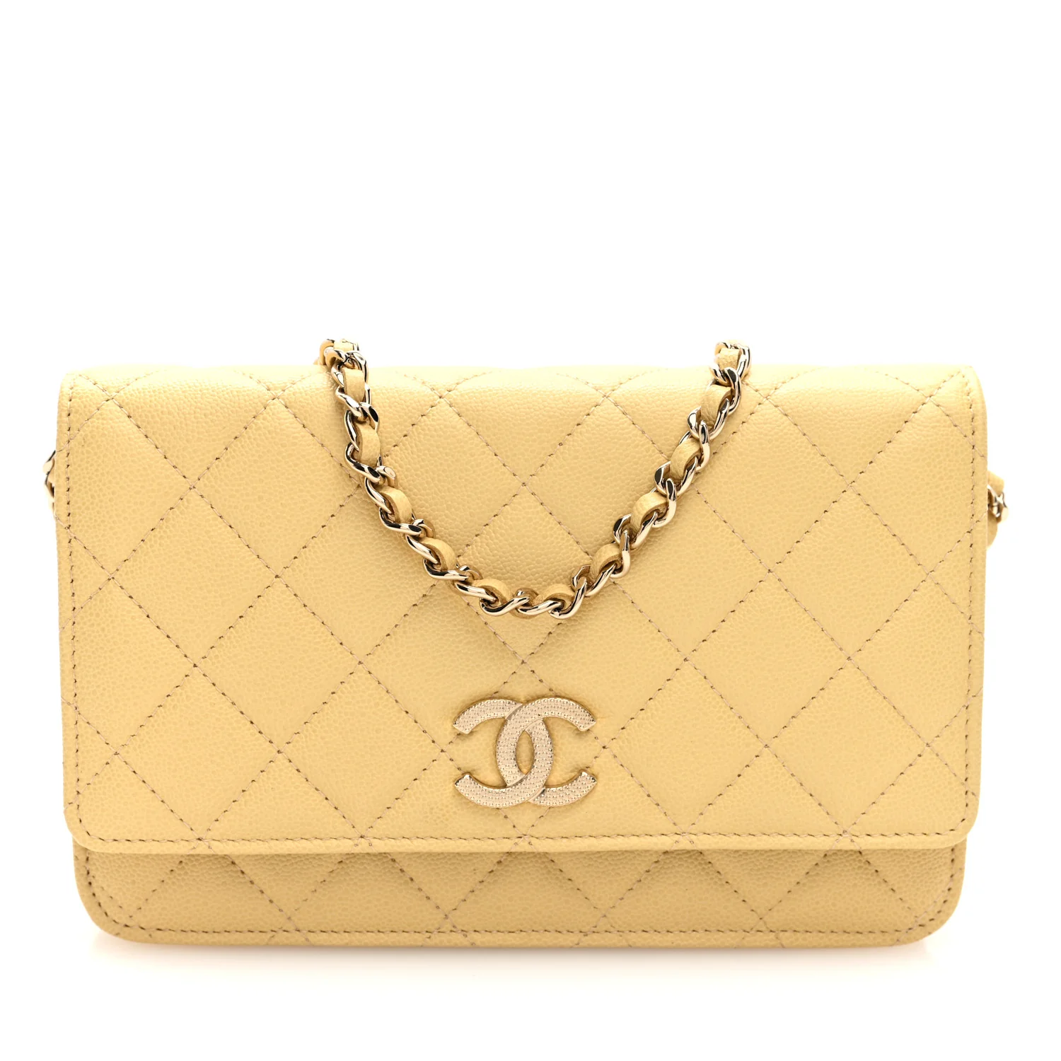Caviar Quilted Studded CC Wallet on Chain WOC Yellow