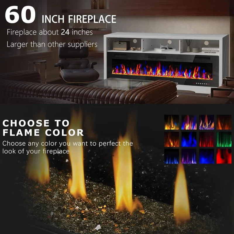Fireplace TV Stand for TVs Up to 75" TV with 60" Electric Fireplace,Entertainment Center with Open Shelve Storage(Black) - Image 10