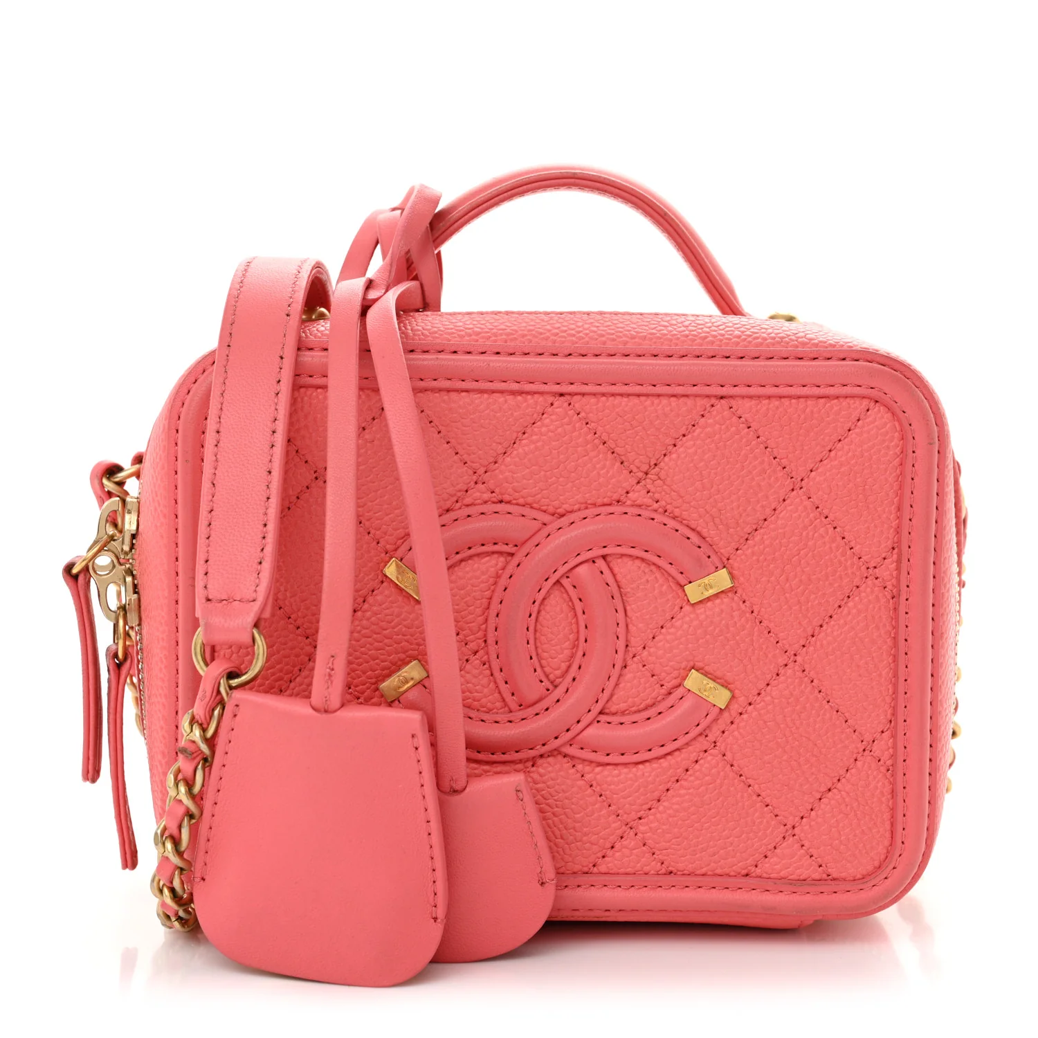 Caviar Quilted Small CC Filigree Vanity Case Coral