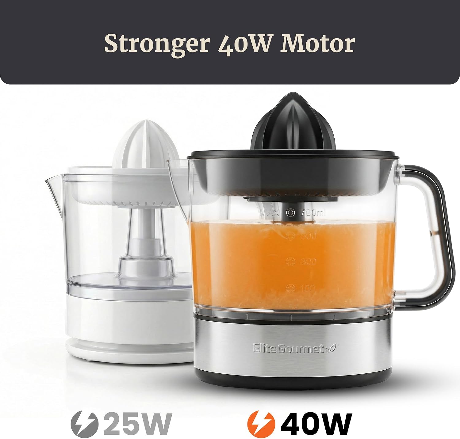 Elite Gourmet ETS623 Electric Citrus Juicer, 24 oz, Black/Stainless Steel| BPA-Free 40-Watt motor, compact large-volume pulp control - juices oranges, lemons, limes & grapefruits, easy-pour spout