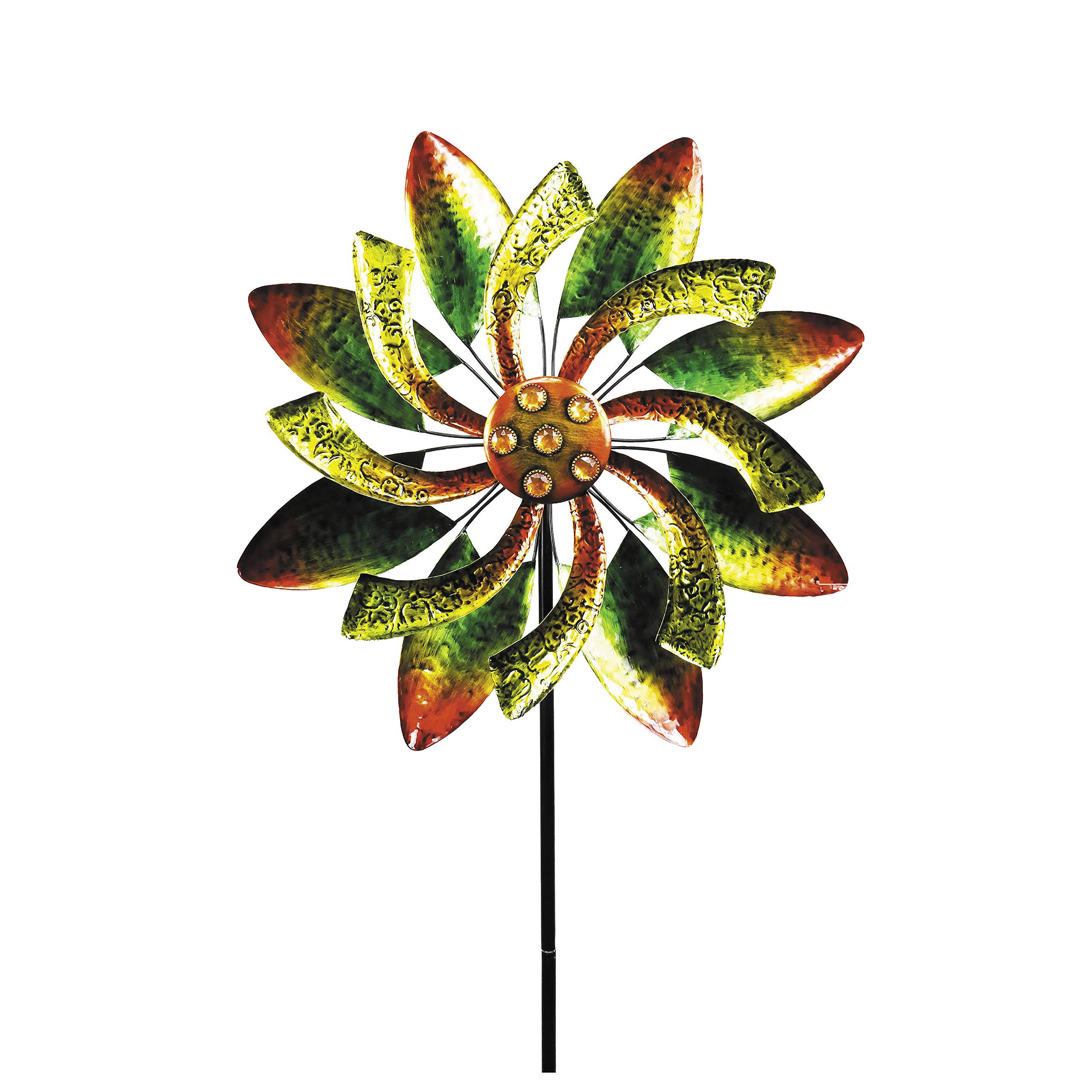 Alpine Dual Action Floral Green/Orange Kinetic Wind Spinner Stake 65 inch Tall