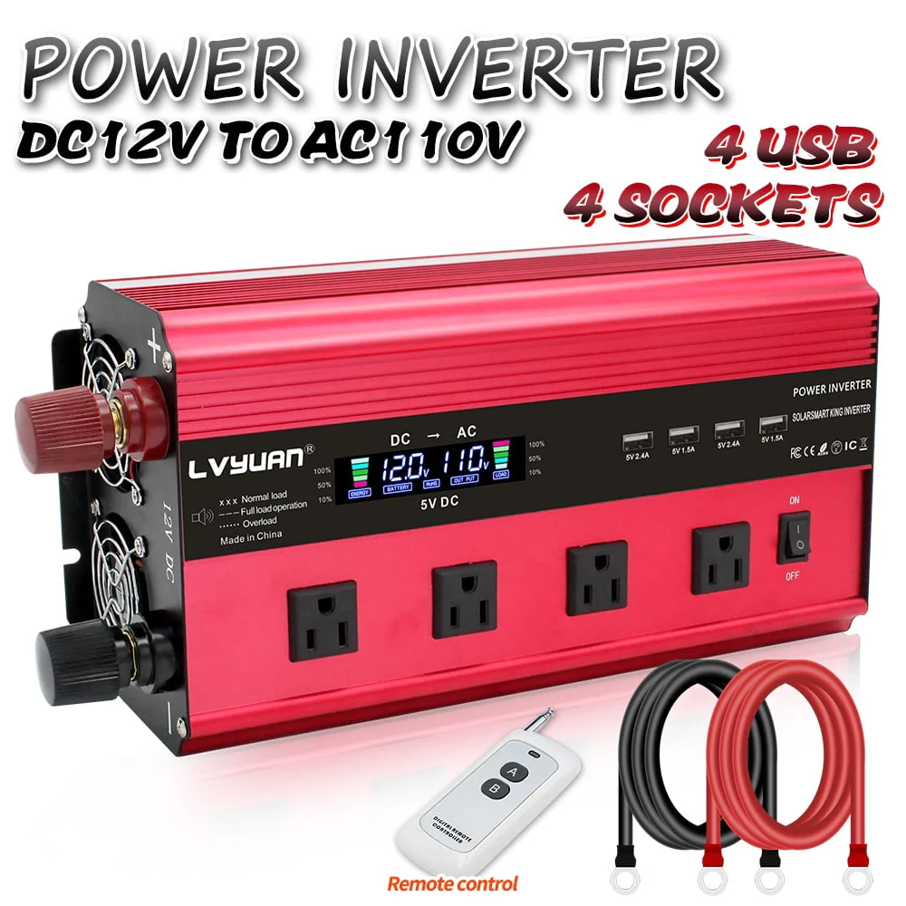 3000 Watts 6000 Watts Modified Sine Wave Power Inverter DC 12V to AC 110V 120V Car Converter 4USB 4AC Remote Control