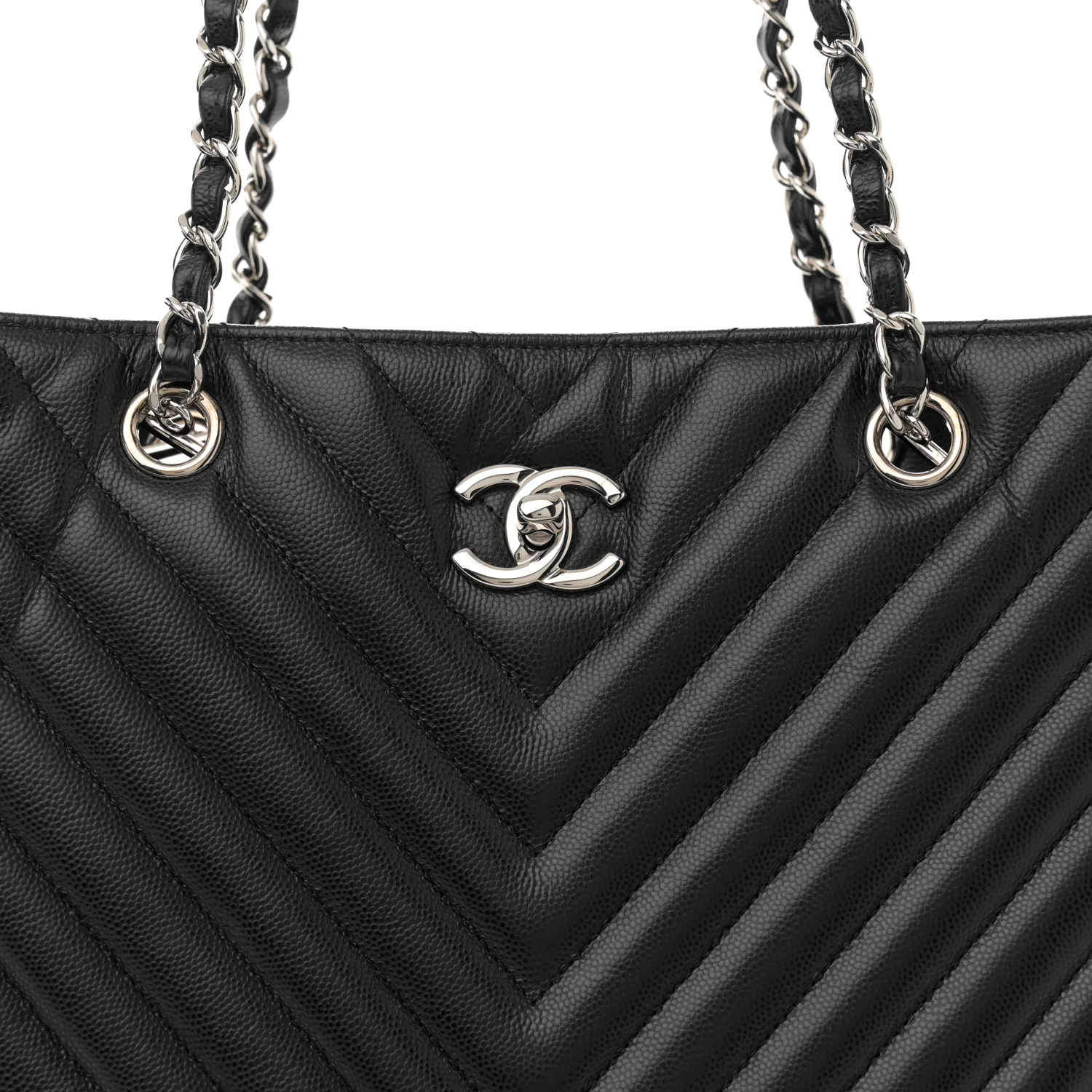 Caviar Chevron Quilted Large Shopping Tote Tote Black
