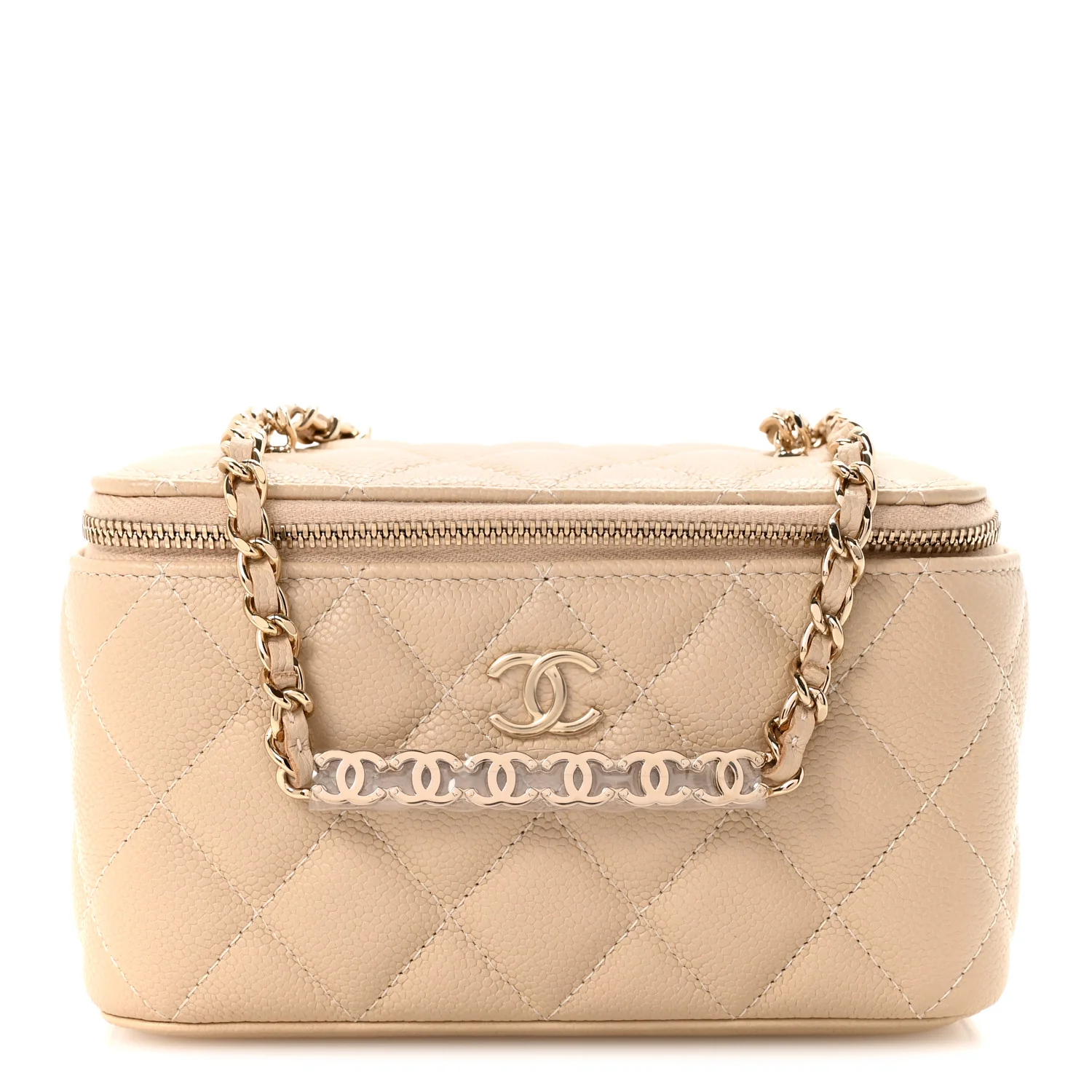 Caviar Quilted Small Tiny CC Vanity Case With Chain Beige