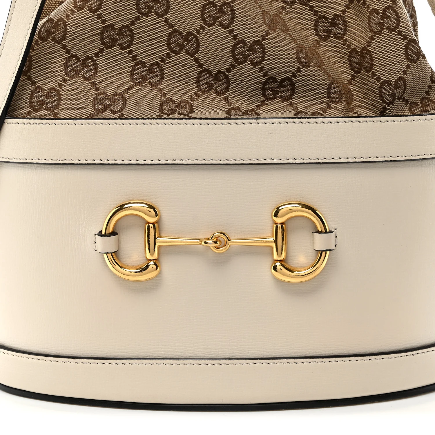 Monogram Textured Calfskin Horsebit 1955 Drawstring Bucket Bag Beige Mystic White