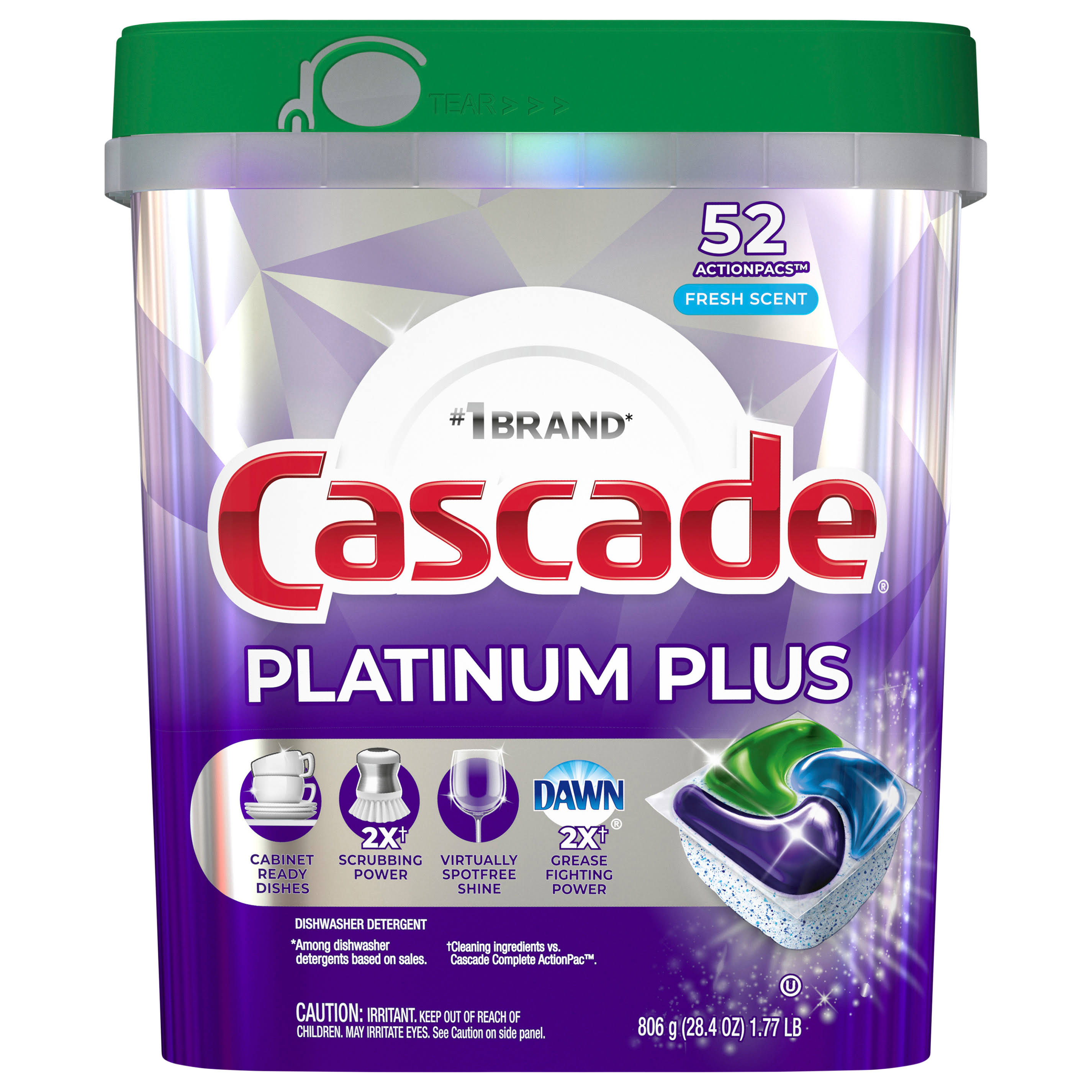 Cascade Platinum Plus Dishwasher Detergent Pods, Fresh - 52 ct