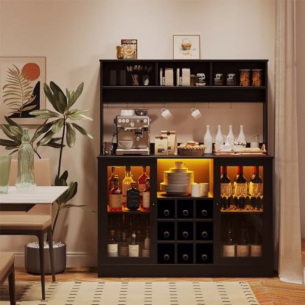 Coffee Bar Cabinet Wine Bar Cabinet with Power Outlet, 6 Hooks,9 Wink Racks and Adjustable Shelf, Liquor Cabinet Bar with LED Light, Buffet Sideboard with Storage Shelf for Kitchen, Black(Black)