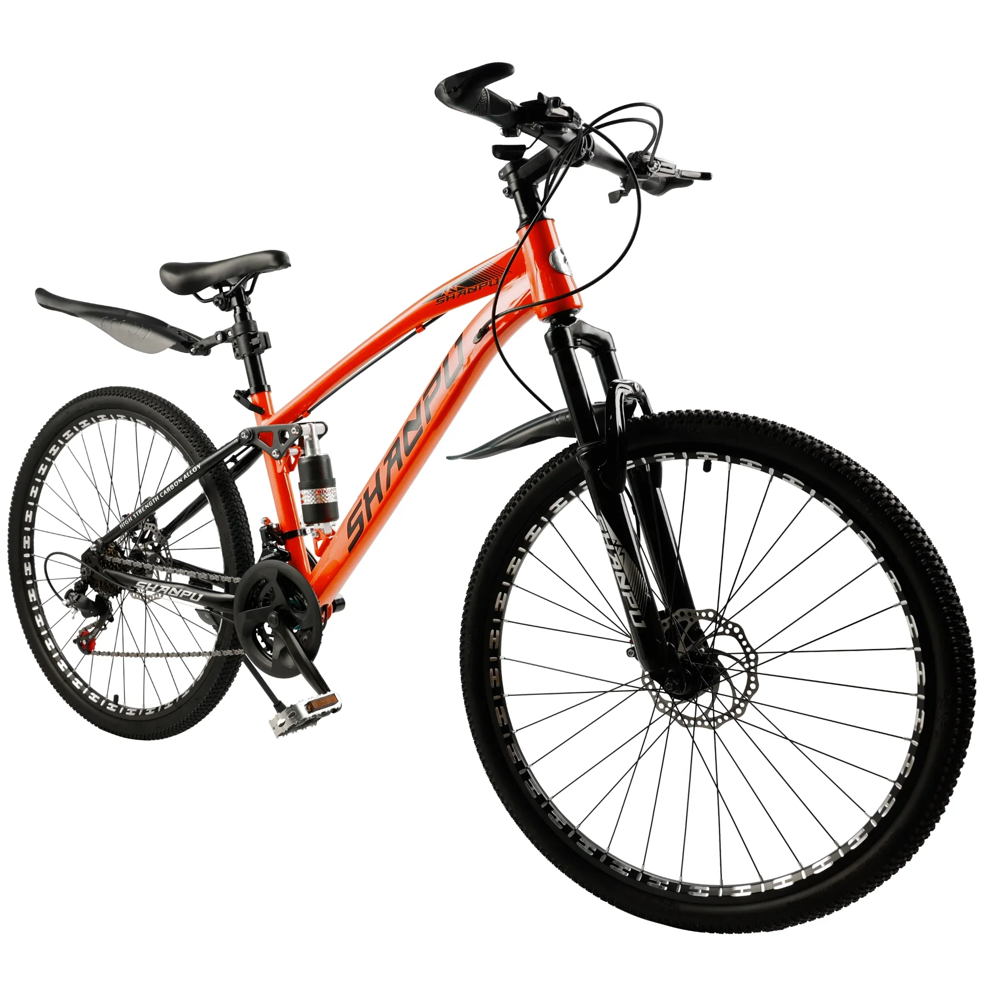 ARTUDATECH 26 Inch Wheel Full Suspension Mens Mountain Bike, Shimano 21 Speed,  Dual Disc Brake Bike for Men Womens Adult Bicycle With Bike Lock And Air Pump, orange