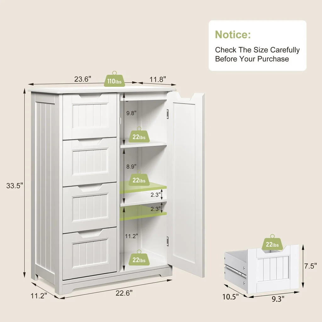 33 5 "H Wooden Bathroom Floor Cabinet with 4 Drawers and 1 Door for Bathroom, Kitchen, Bedroom White Image 3