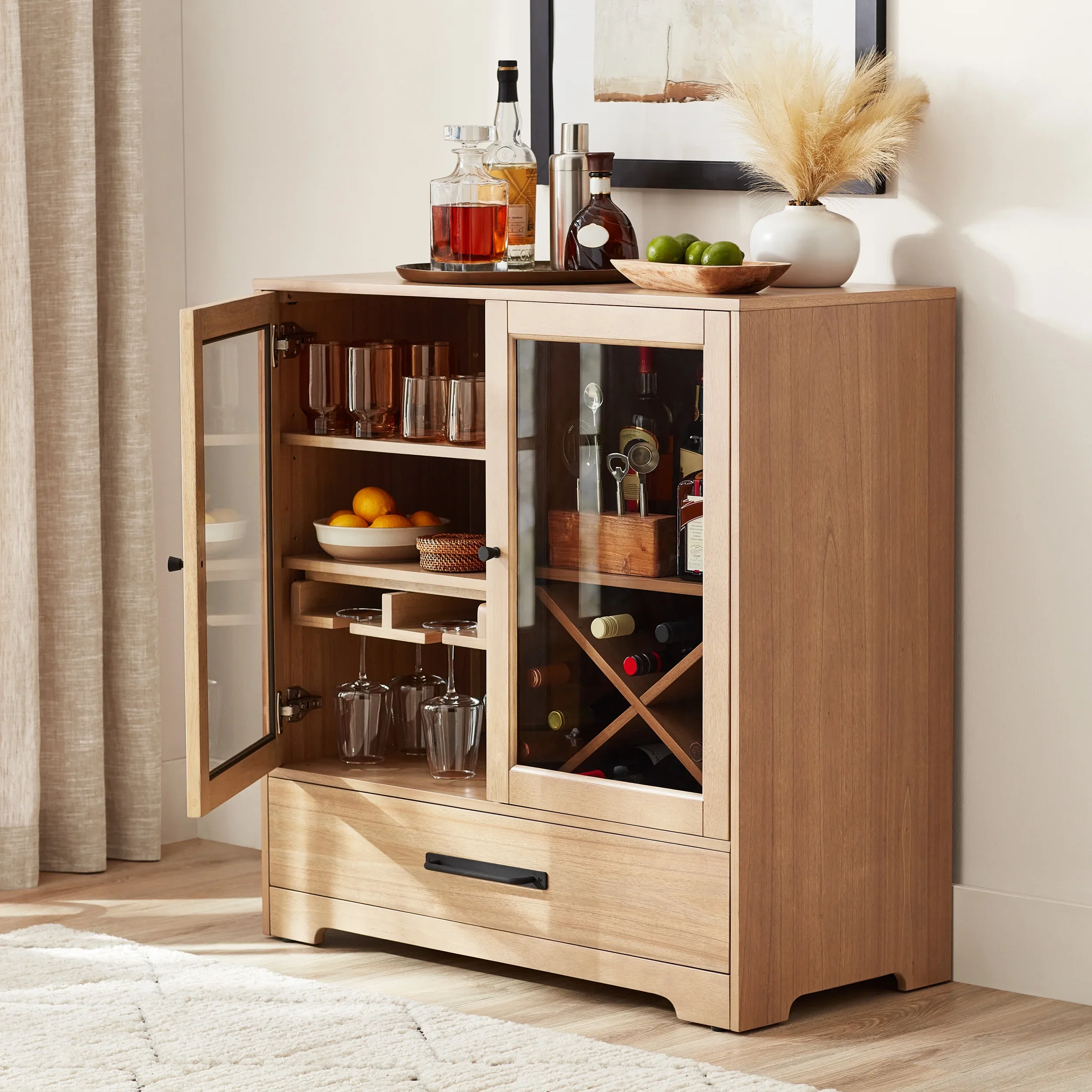 Better Homes & Gardens Aster Bar Cabinet with Drawer, Solid Wood Frame, Natural Oak Finish, by Dave & Jenny Marrs