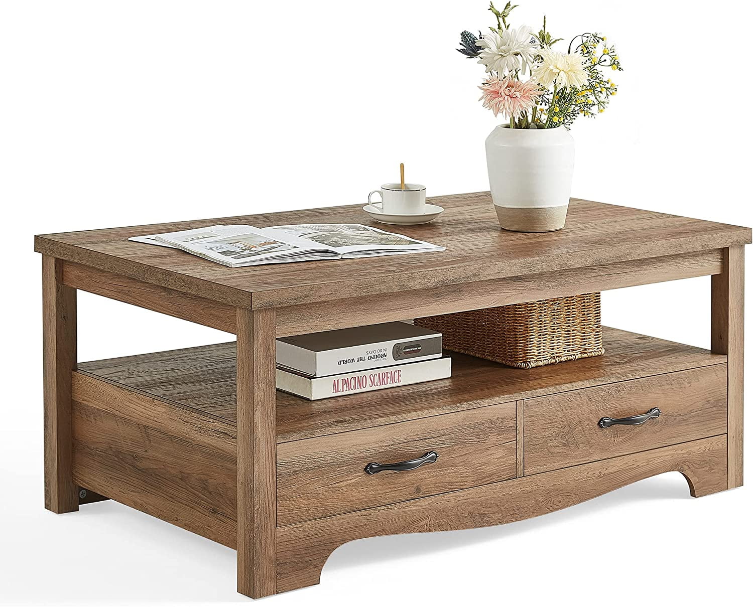 Farmhouse Coffee Table with Storage, Wood Coffee Table for Living Room, Open Display Area and Storage Drawers with Metal Handles, Chic Style with Curved Base, Brown(Black) - Image 2