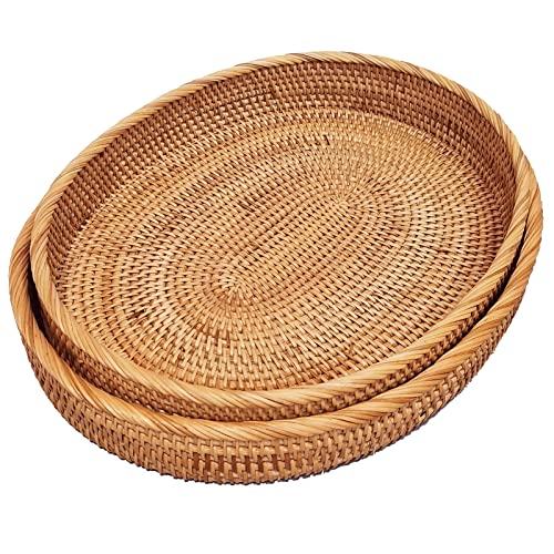 16inch Oval Rattan Kitchen Table Severing Tray,Large Handmade Decorative Wicker Living Room Ottoman Platter For Snacks,Fruit,Drinks,Xl-16x12x2.4