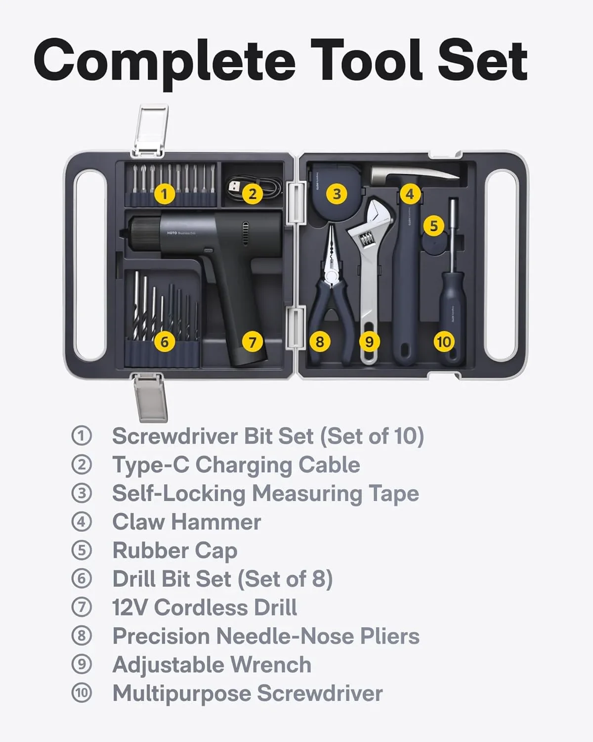 HOTO Cordless Brushless Drill Tool Set, Variable Speed, Hidden Buckle, LED Screen, Intelligent Digital Display, Safe, Exquisite & Practical, High-end Drill Kit for Home/Daily Use
