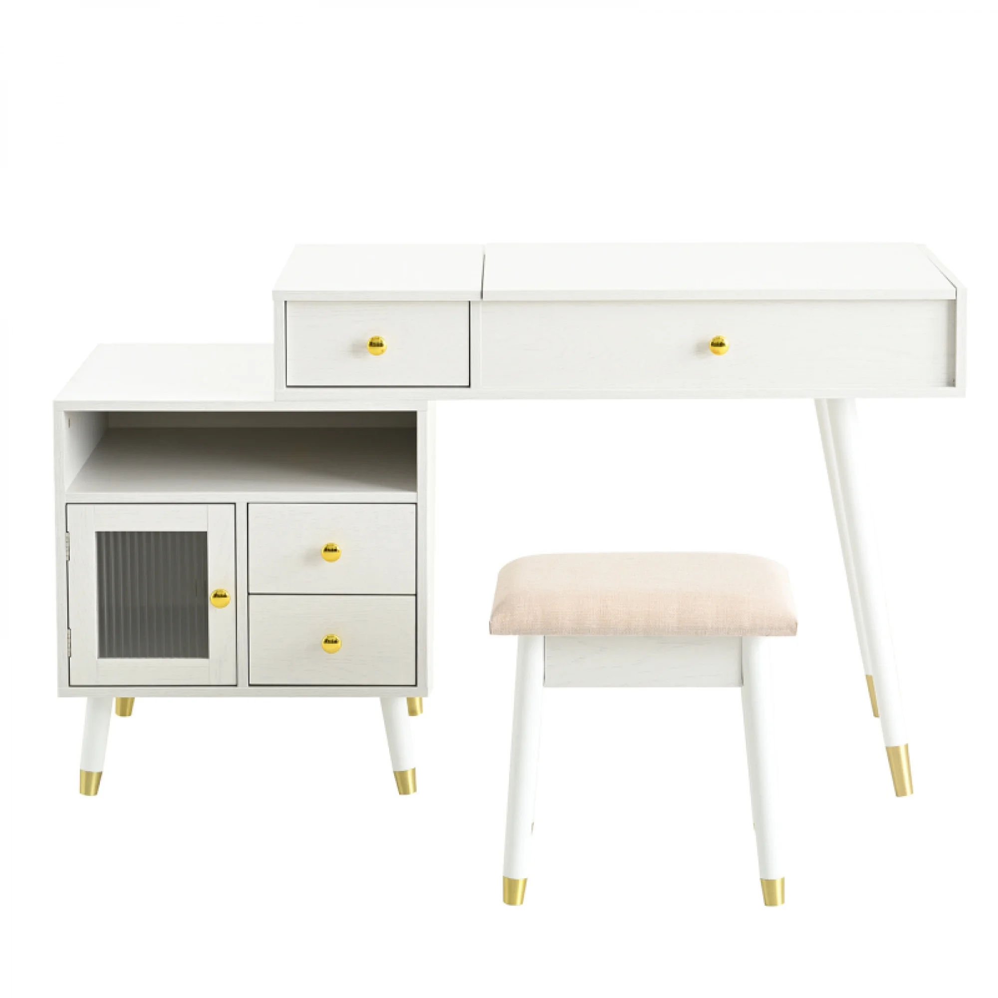 3-in-1 Vanity Desk with Lighted Flip-Top Mirror Adjustable Cabinet, Makeup Dressing Table with Stool, Dresser with Drawers for Bedroom, White(White) - Image 9