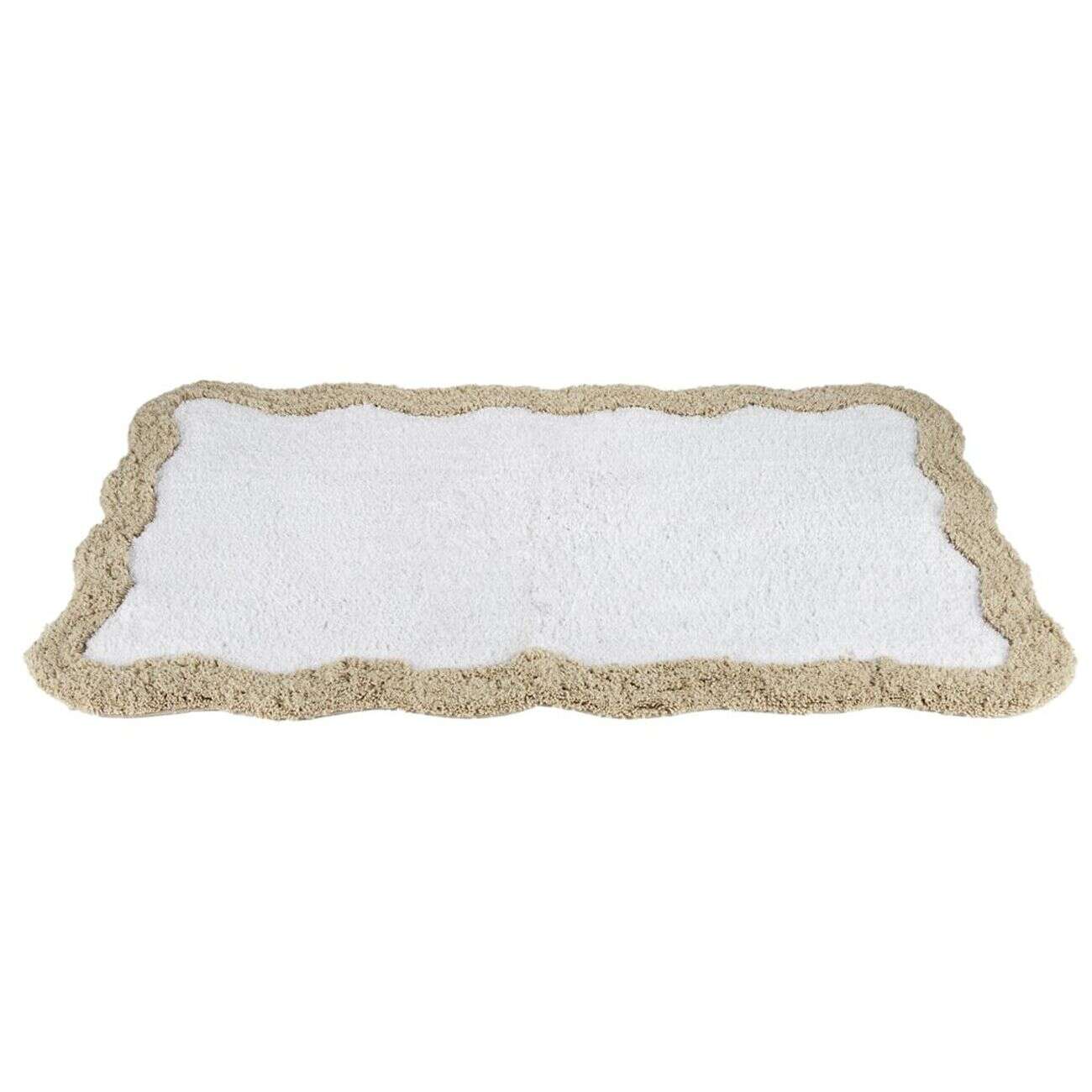 Tapis de bain rectangulaire contour vague coton blanc et beige 50x80cm