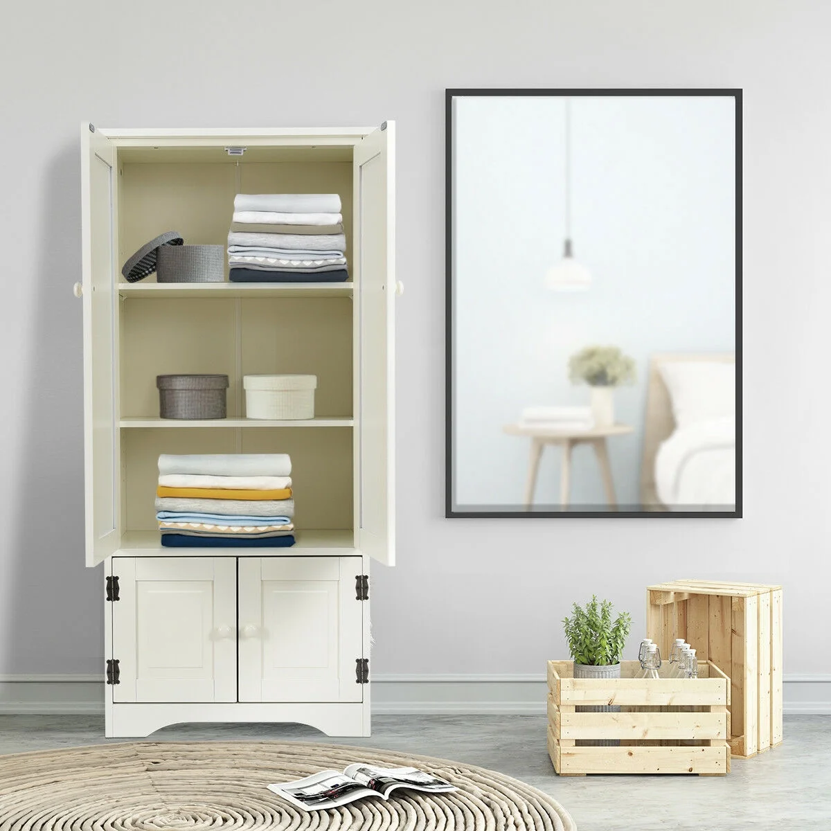 Accent Storage Cabinet Adjustable Shelves Antique 2 Door Floor Cabinet Cream White(Cream White) - Image 5