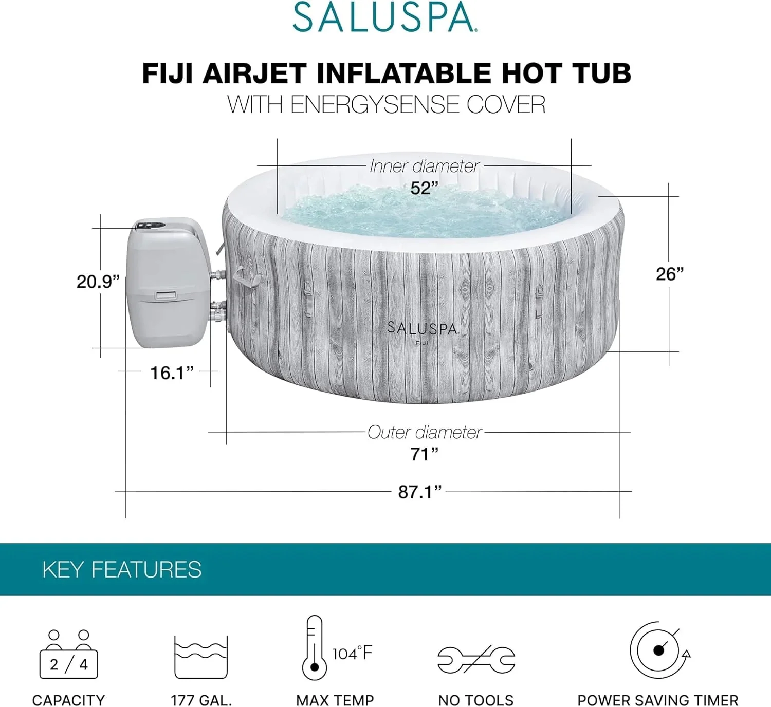 Large Round 2 to 4 Person Inflatable Hot Tub Portable Outdoor Spa with 120 Airjets and Energysense Cover, Grey