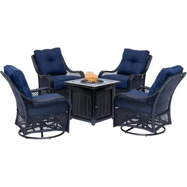 Ensemble de conversation 5 pièces en acier avec foyer extérieur, coussins bleu marine, fauteuils pivotants et table de foyer carrée (collection 2025).