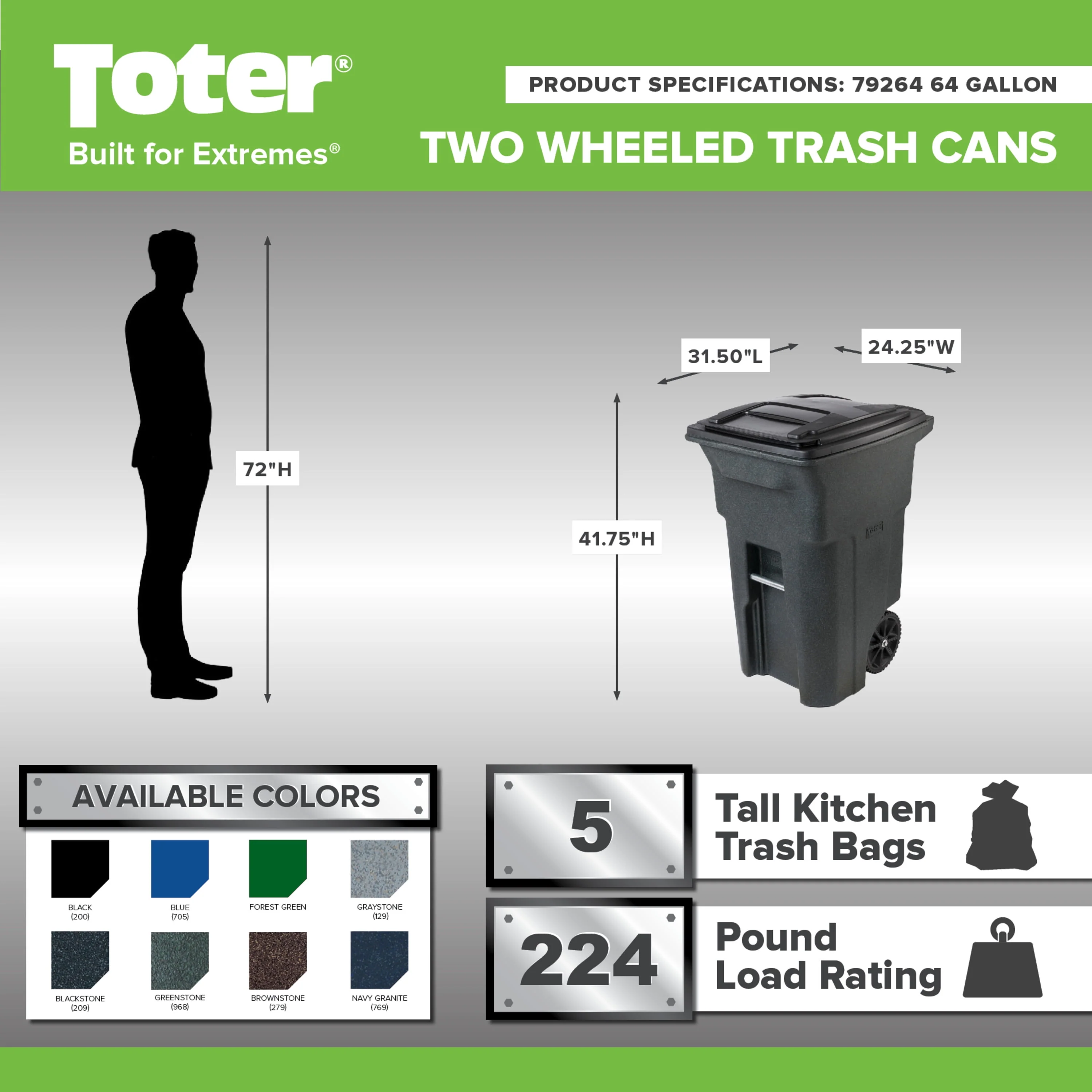 Toter 64 Gallon Black Garbage Can with Wheels and Lid