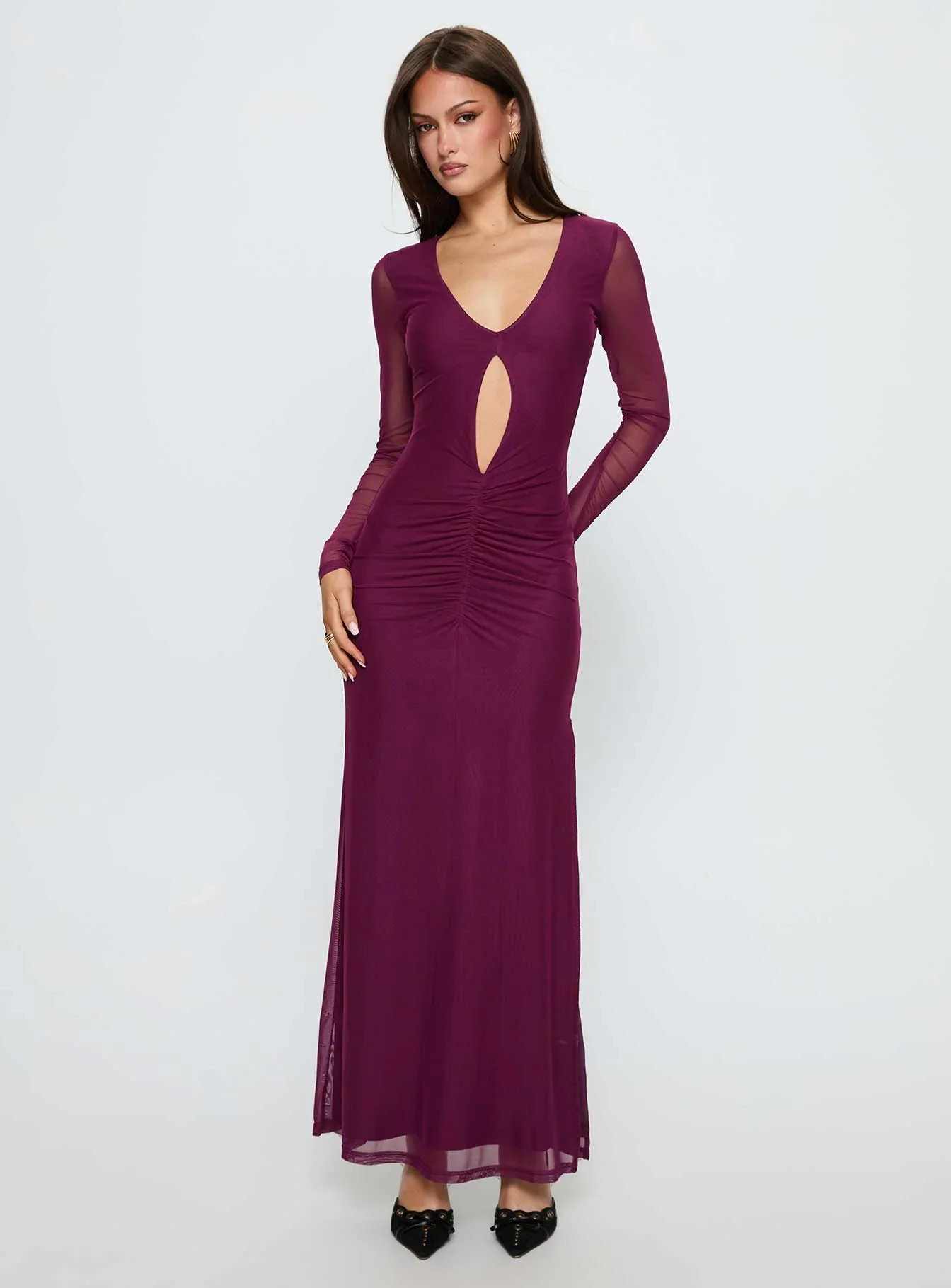 Darkside Long Sleeve Cut Out Plunge Maxi Dress Plum