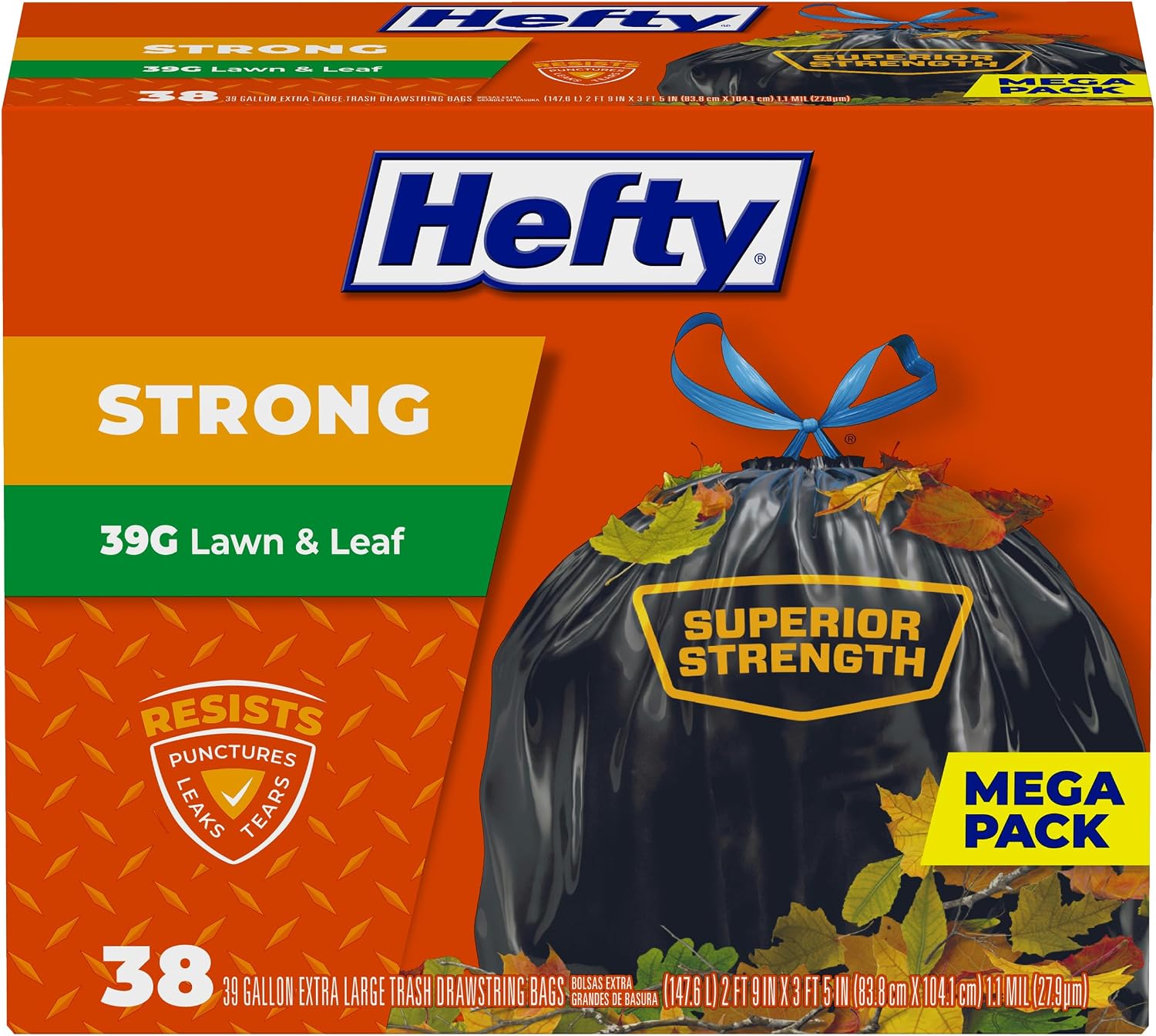Hefty Strong Lawn and Leaf 39 Gallon Trash Bags, Heavy Duty, Black, 38ct| 39 Gallon Heavy Duty Outdoor Trash Bags, Tear-Resistant, Durable Drawstrings, Great For Bagging Leaves, Yard Waste Cleanup