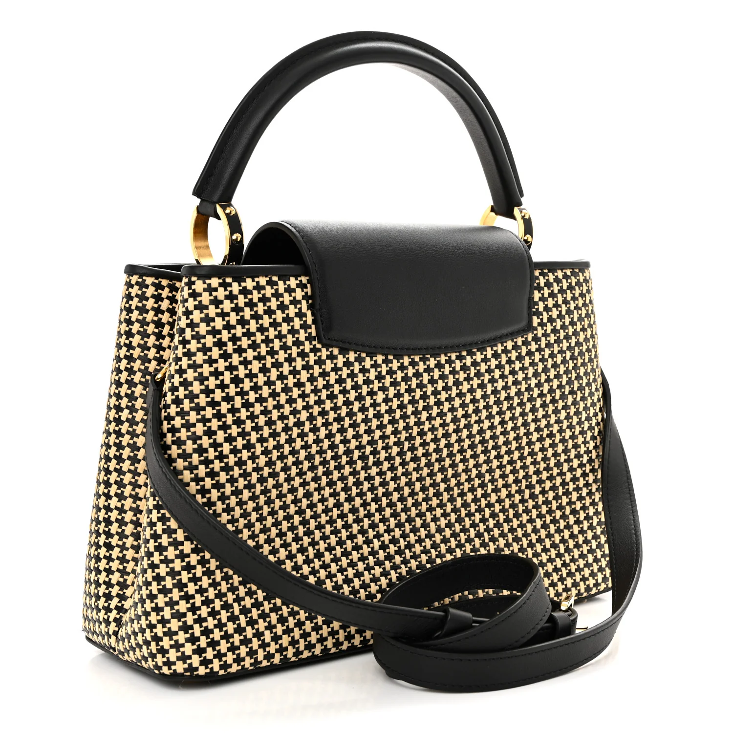 Raffia Calfskin Capucines MM Black Ecru