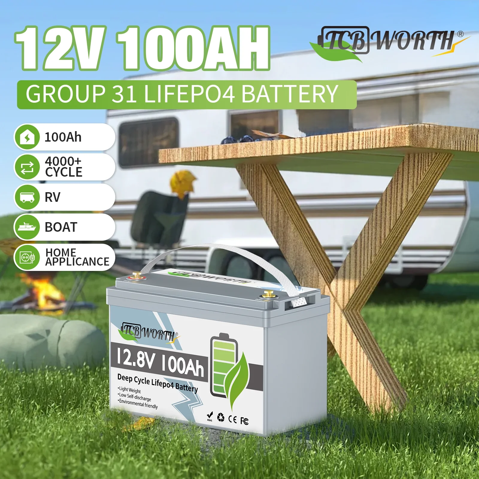 12V 100Ah LiFePO4 Lithium Battery,100A BMS, BCI Group 31 Battery for RV,Solar,Marine,Camping,Trolling Motor,off-Grid,Backup Power,Motorhome,15000+Deep Cycles - Image 6