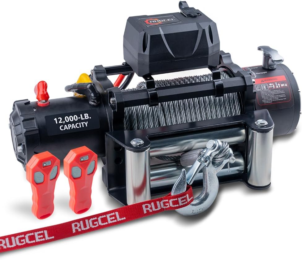 Treuil électrique RUGCEL WINCH 12000 lb 12 V pour camion, étanche, à câble en acier noir, avec guide-câble à rouleaux, poignée filaire, 2 télécommandes infrarouges et treuil pour remorque.
