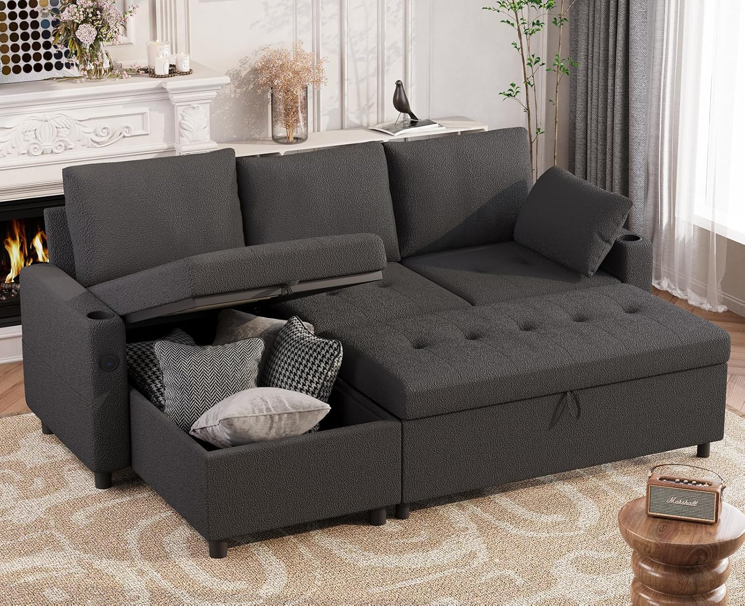 AECOJOY Sleeper Sofa Couch with Pullout Bed, Teddy Fleece, Black