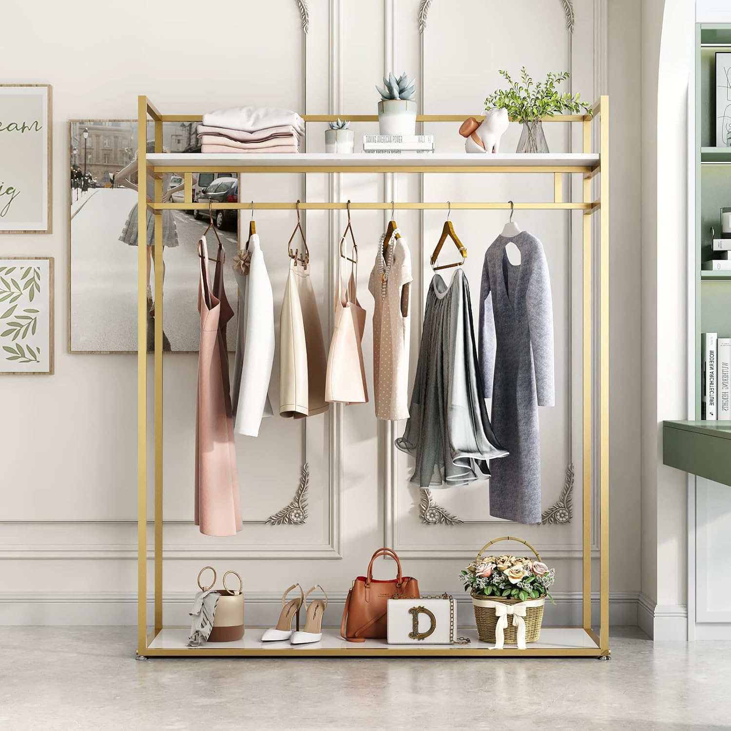 Heavy Duty Gold Clothing Rack with Shelves for Hanging Clothing, Gold Metal Freestanding Garment Rack for Retail Display (59