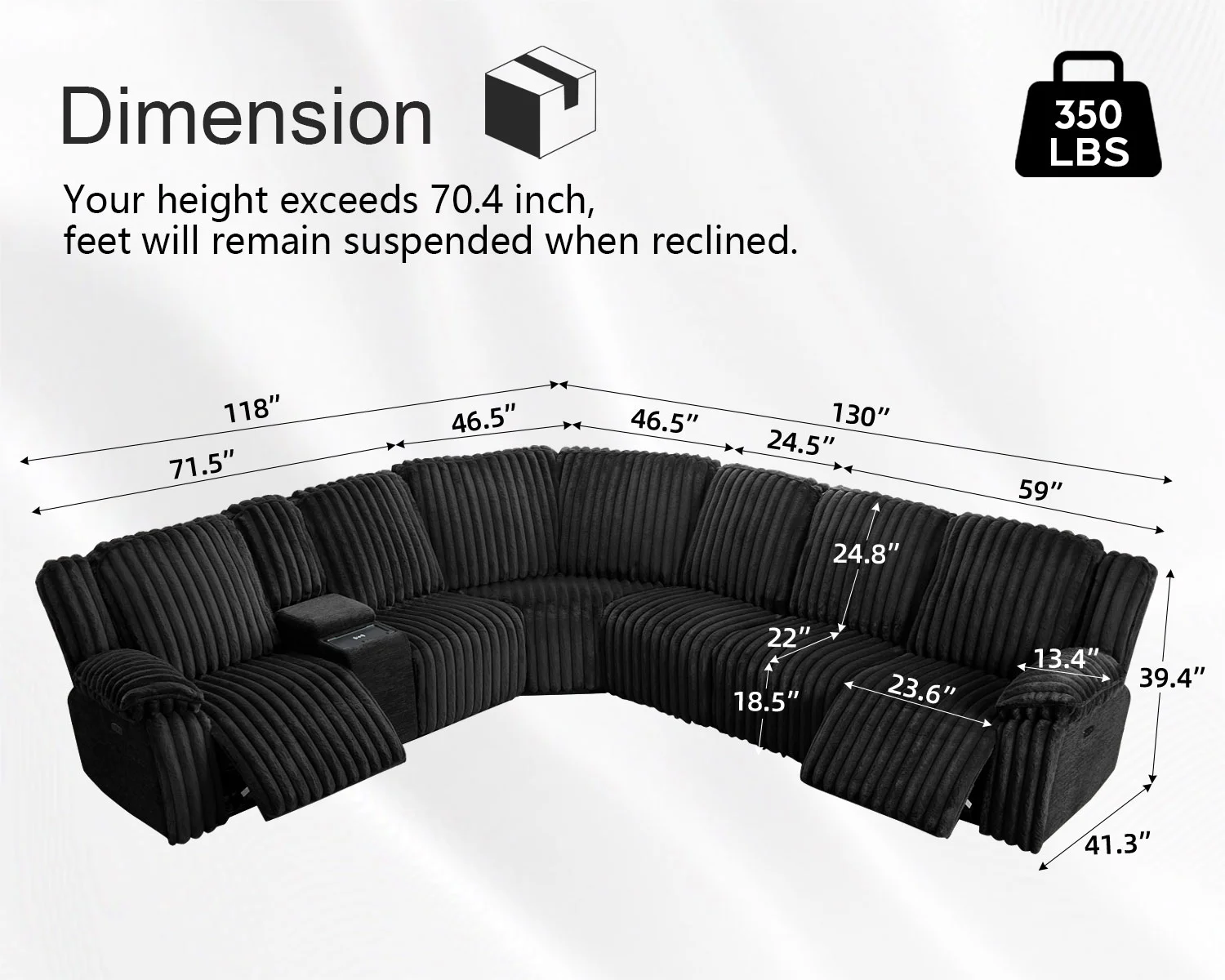 Power Reclining Sectional Sofa with Wireless Charger, 6 - Seater Faux Fur Sectional with Recliners, Hidden Cup Holders, Storage Console, USB & Type - C Ports, Black