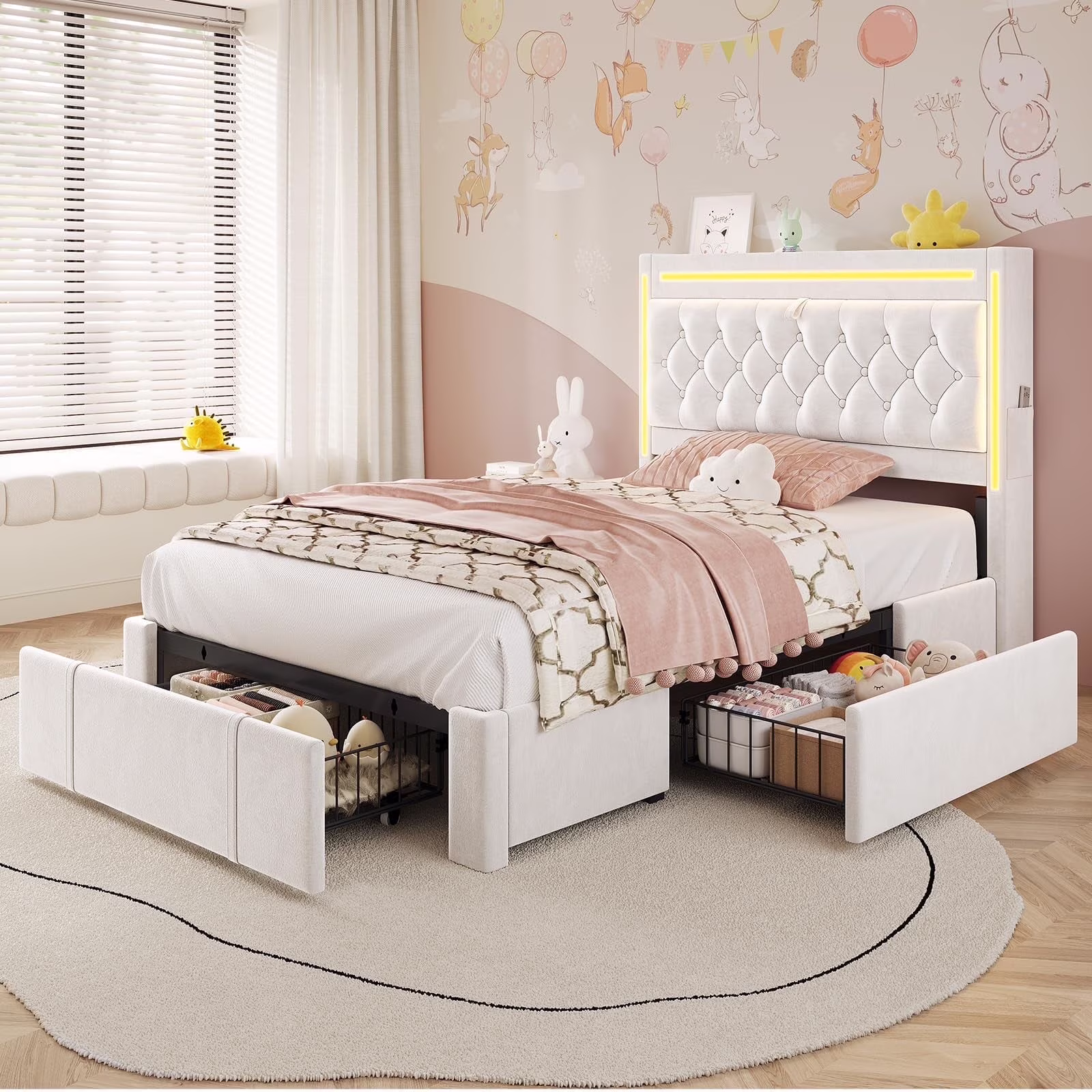 Platform Bed Twin Size with Storage Drawers and Headboard, , Twin Size Velvet Upholstered Bed with RGB Lighting and Power Outlet, No Box Spring Needed, Noise - Free, White