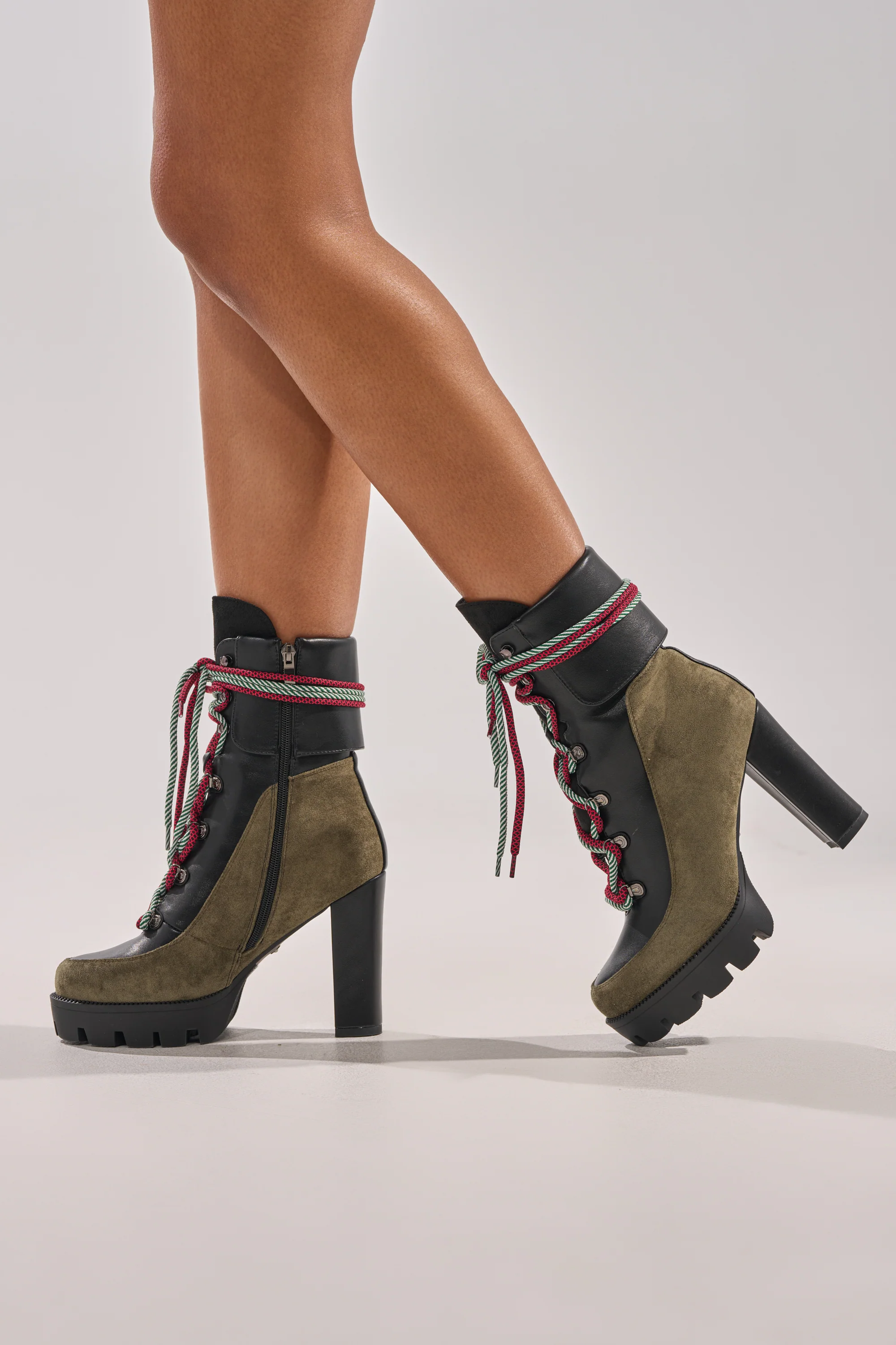 AKIRA GOLD MUFFLER GREEN MULTI BLOCK HEEL BOOTIE - Akira Store