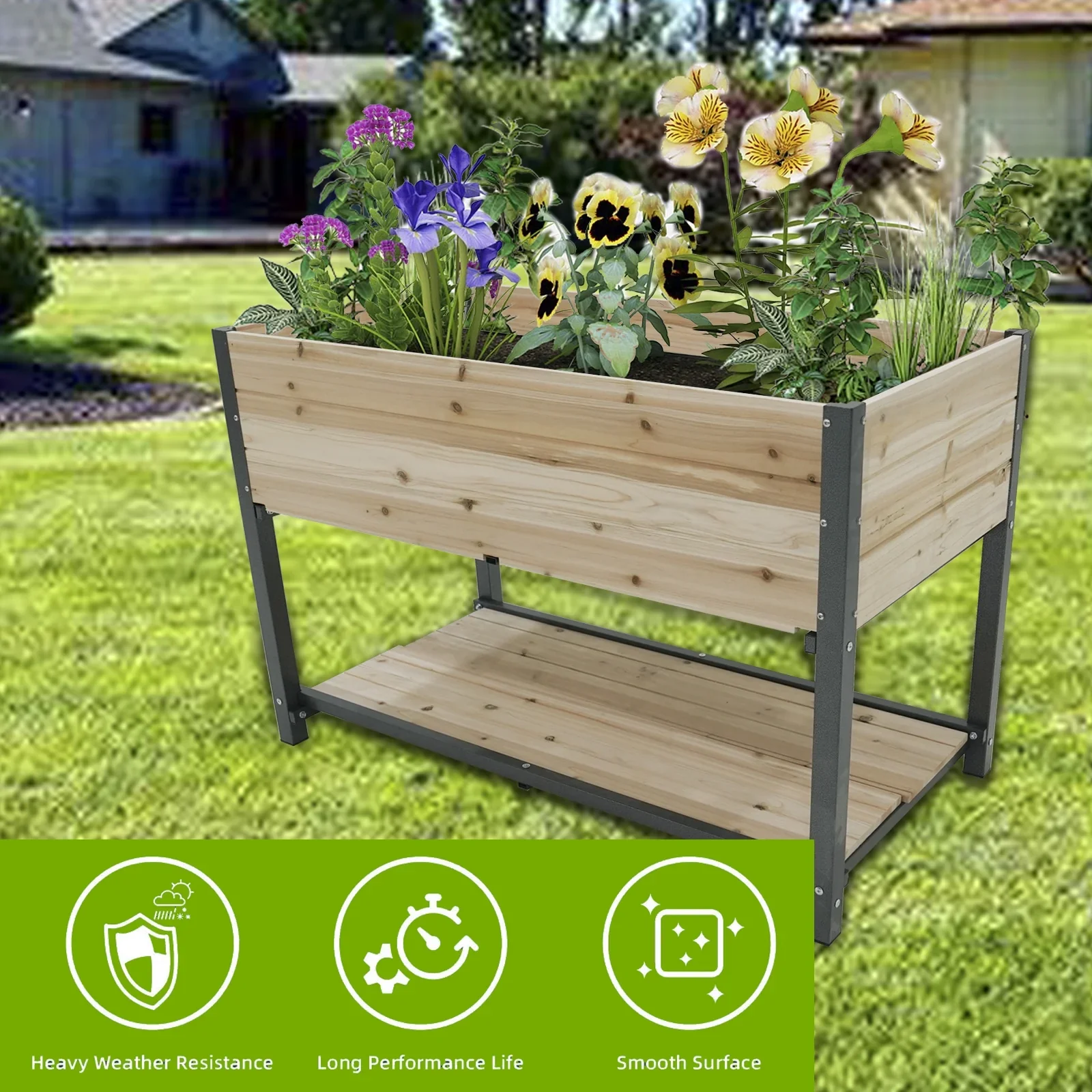Durable Raised Garden Bed with Iron Frame and Solid Wood Panels, Elevated Planter Box for Patio, Balcony, Outdoor Gardening