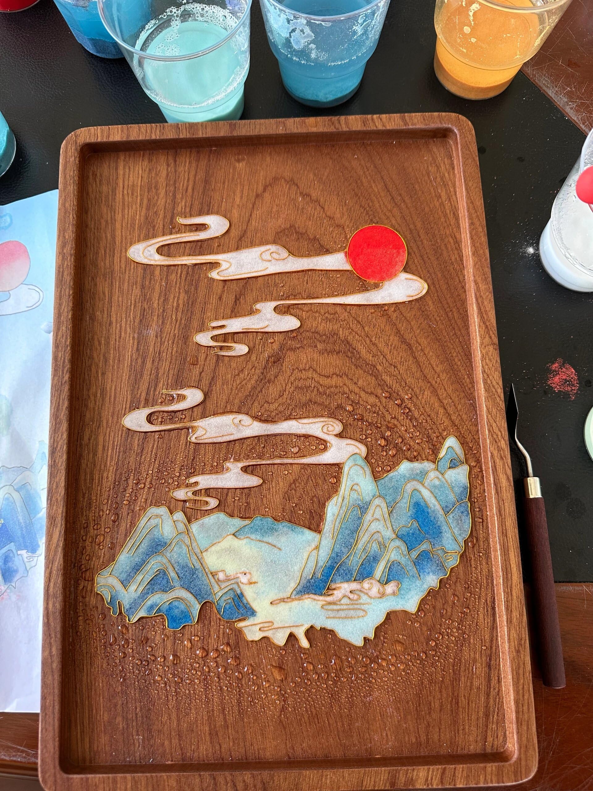 DIY Filigree Cloisonne Enamel Paint by Numbers Kit,Oriental Mountains on Luxury Walnut Wood,Pre-Drawn Painting for Adults Beginners and Kids,5