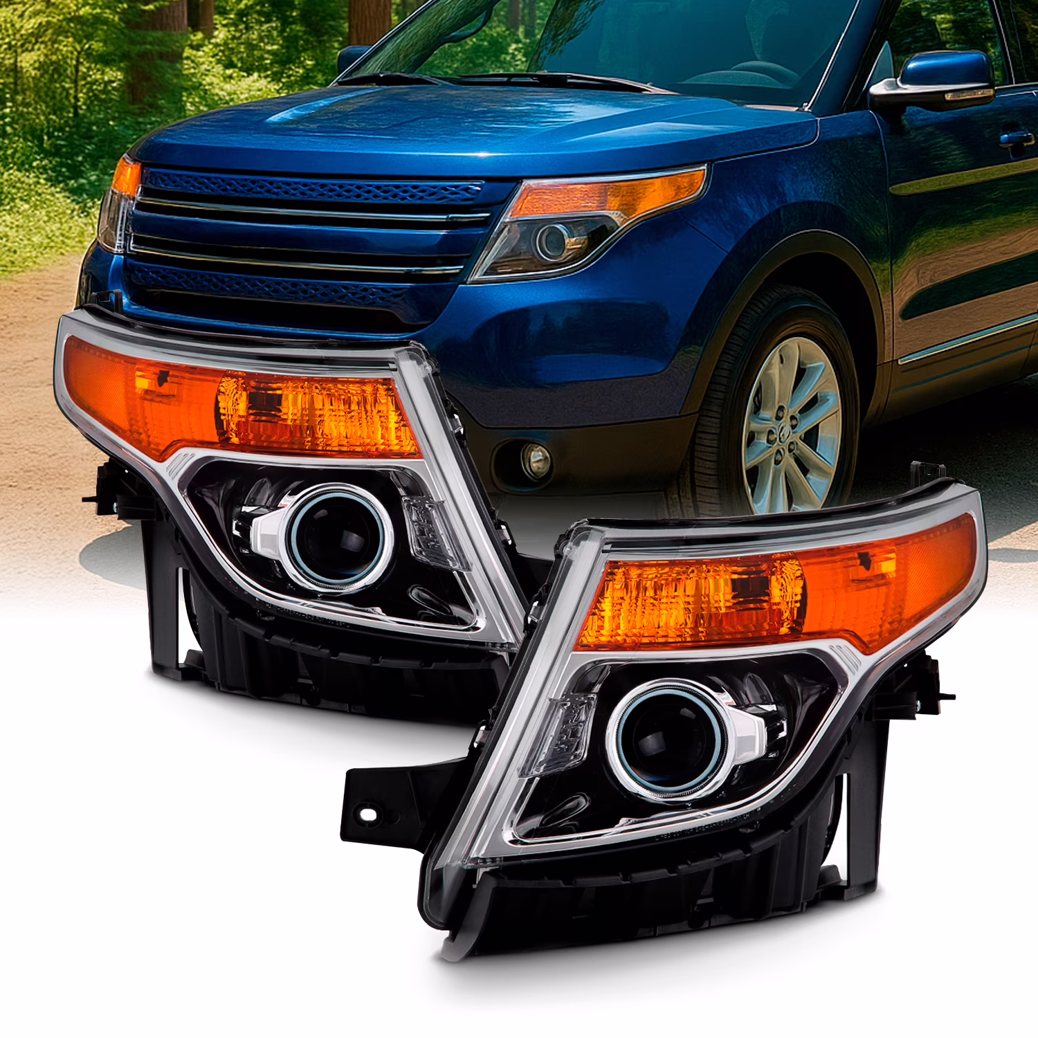 For 2011-15 Ford Explorer Driver + Passenger Projector Headlight Assembly Chrome Housing Clear Lens Full Set(5_HD-JH-FEXP11-OE-L_HD-JH-FEXP11-OE-R)