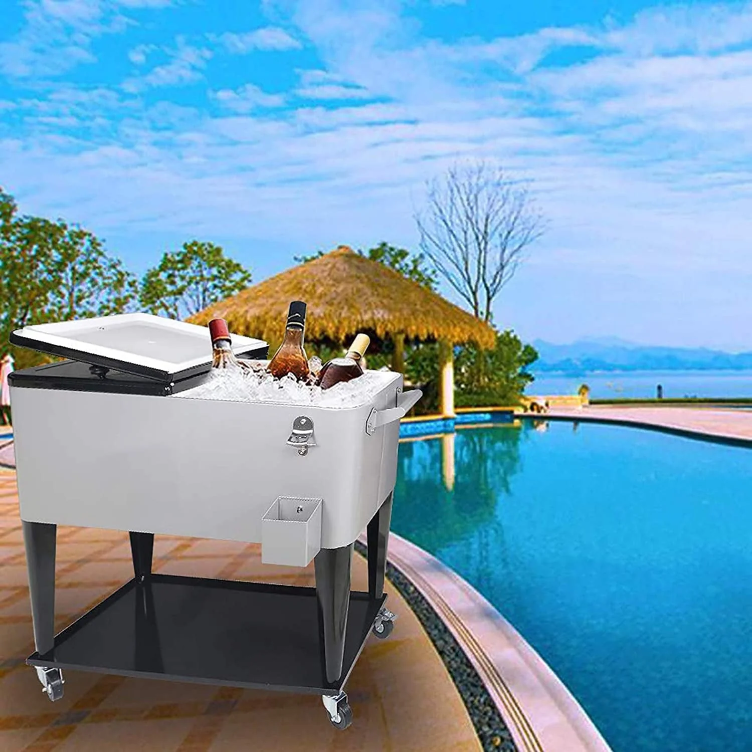 FreeLung 80QT Rolling Cooler Cart with Wheels Ice Chest Outdoor Backyard Coolers on Wheels Silver(Black) Image 4