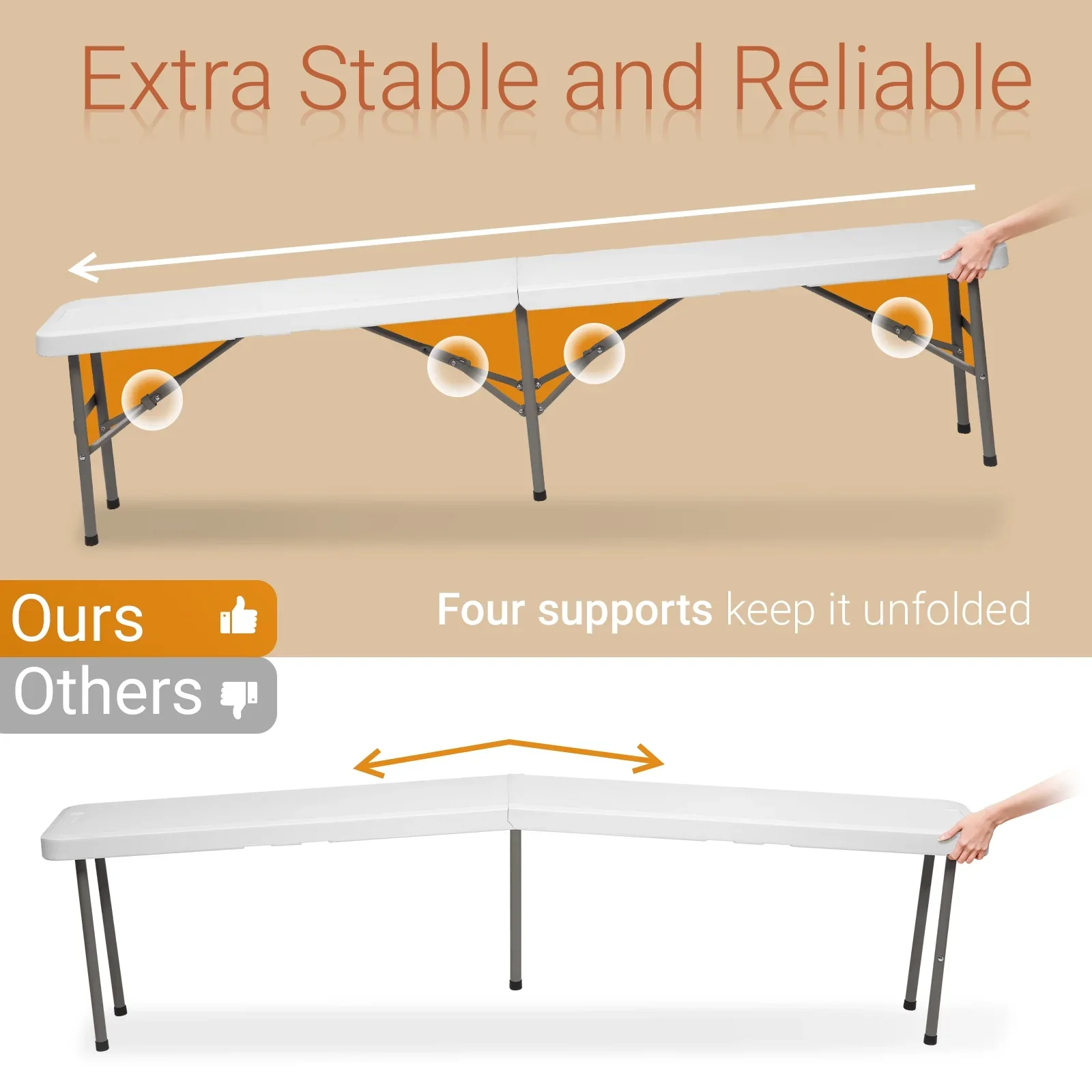 VINGLI 6 feet Plastic Folding Bench,Portable in/Outdoor Picnic Party Camping Dining Seat,Off-White Garden Soccer Multipurpose Entertaining Activities2 Pack