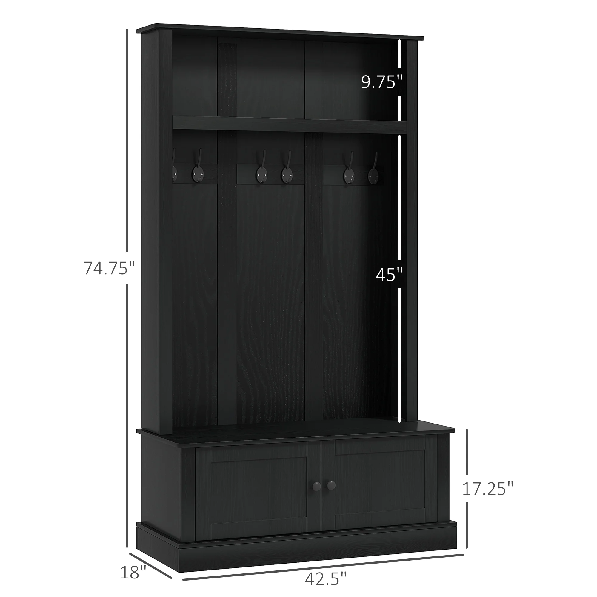 Hall Tree, Entryway Bench w/ Coat Rack, Shoe Cabinet, Black(Black) - Image 9