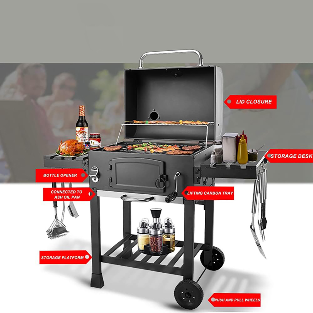 Outdoor Home & Garden Barbecue Grill Trolley with Removable Iron Charcoal Tool Black Stainless Steel Carbon Steel Courtyard