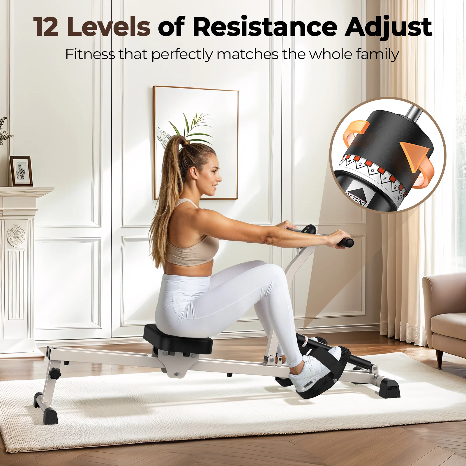 UPGO Rowing Machine Rower Exercise for Home Cardio Workouts, 12 Adjustable Resistance, Includes Digital Monitor and Comfortable Seat Cushion