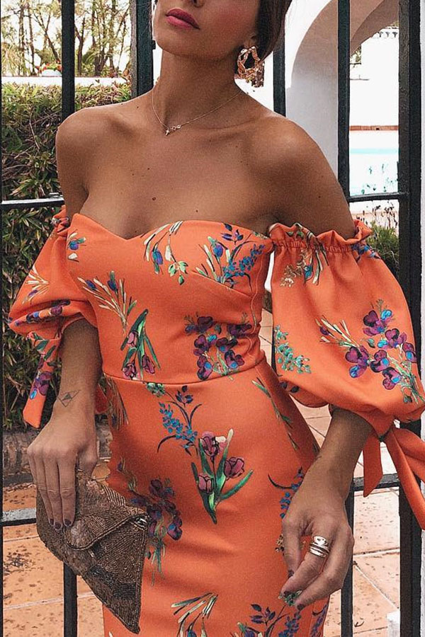 Robe moulante sexy orange et rouge à épaules dénudées et imprimé floral