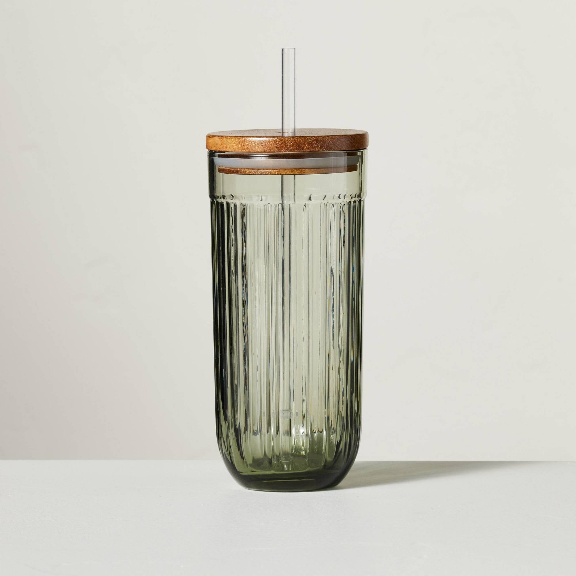 Hearth & Hand Dining | 21oz Fluted Glass Tumbler with Wood Lid Green - Hearth & Hand with Magnolia | Color: Green | Size: Os | Girlmeetskicks's Closet