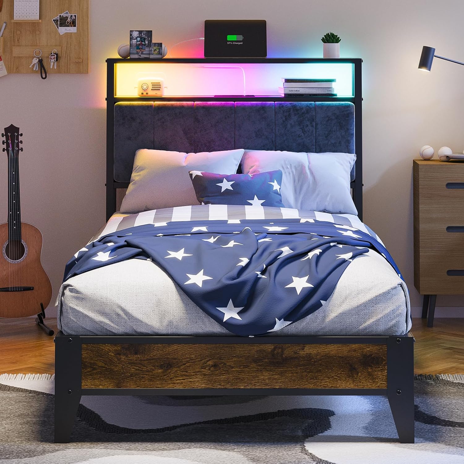OLEVS Cadre de lit simple avec éclairage LED, tête de lit de rangement et station de recharge, lit plateforme en métal