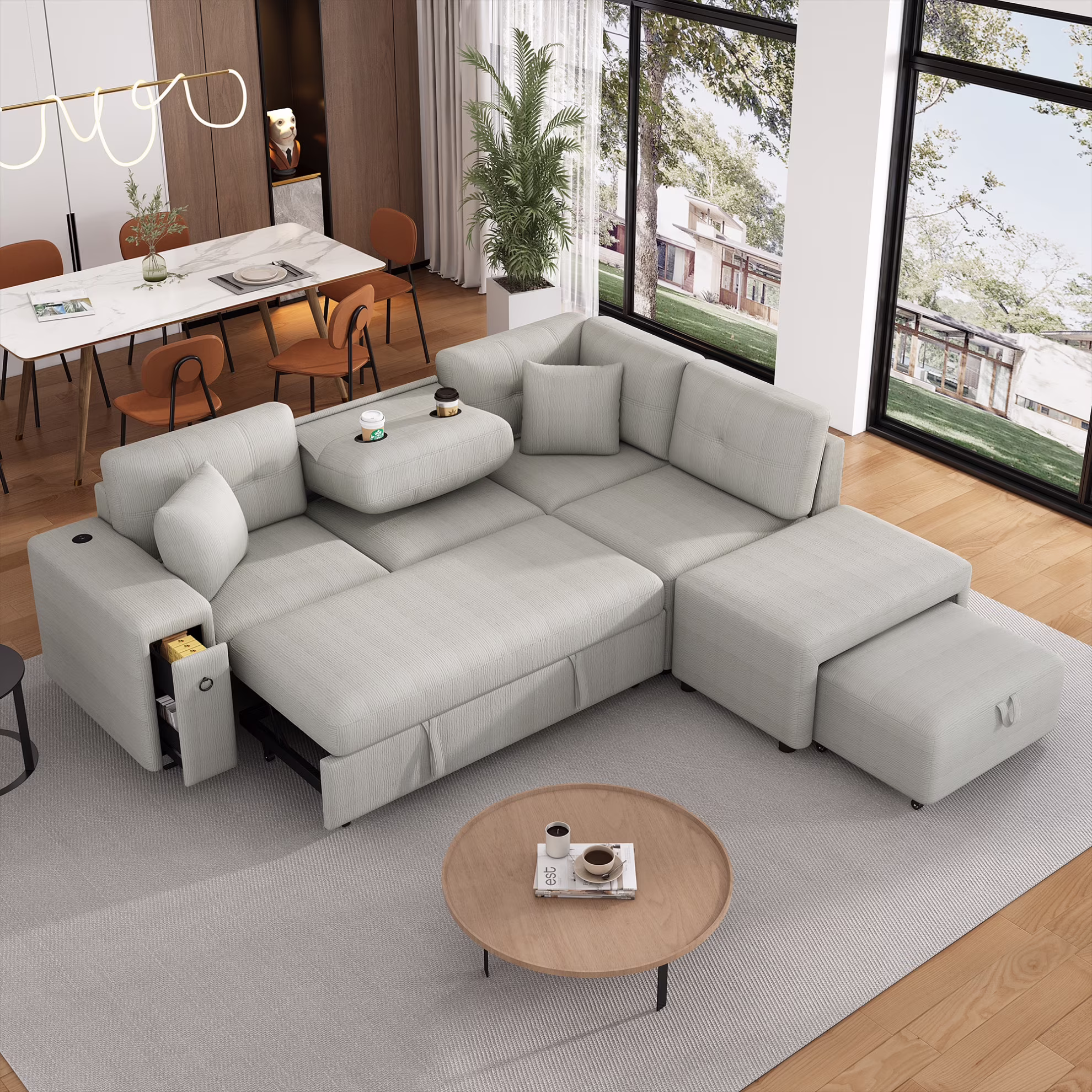 87" Modular Sectional Sleeper Sofa with Pull Out Bed, Convertible L-Shaped Couch with Ottoman, USB Ports and Two Cup Holders for Living Room, Apartment, Bedroom, Gray(Grey)